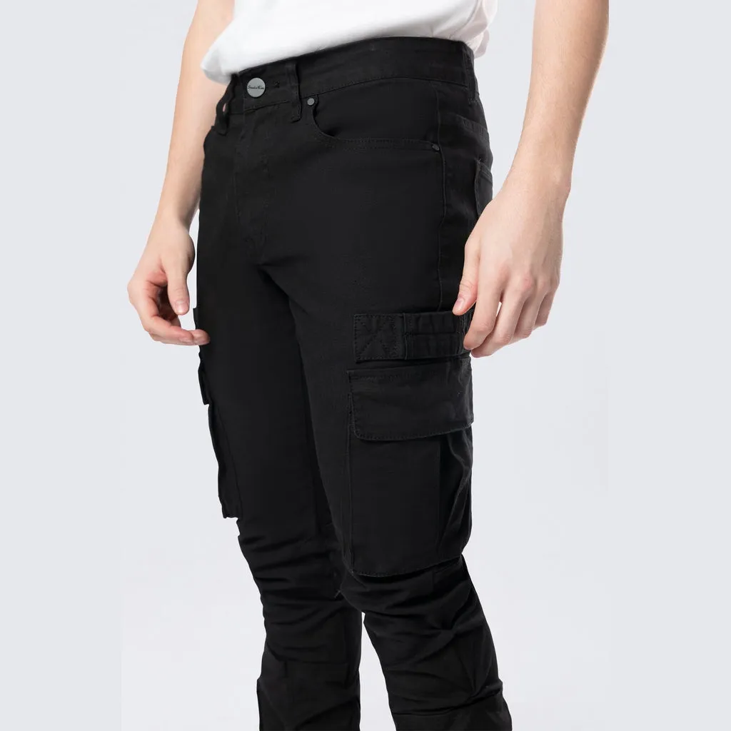 Stacked Flared Cargo Strap Canvas Pants - Black