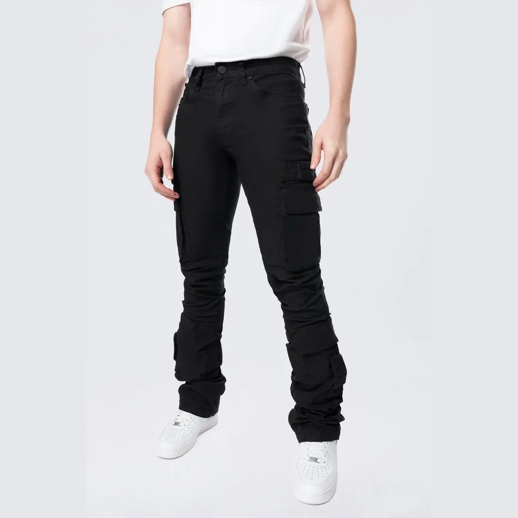 Stacked Flared Cargo Strap Canvas Pants - Black