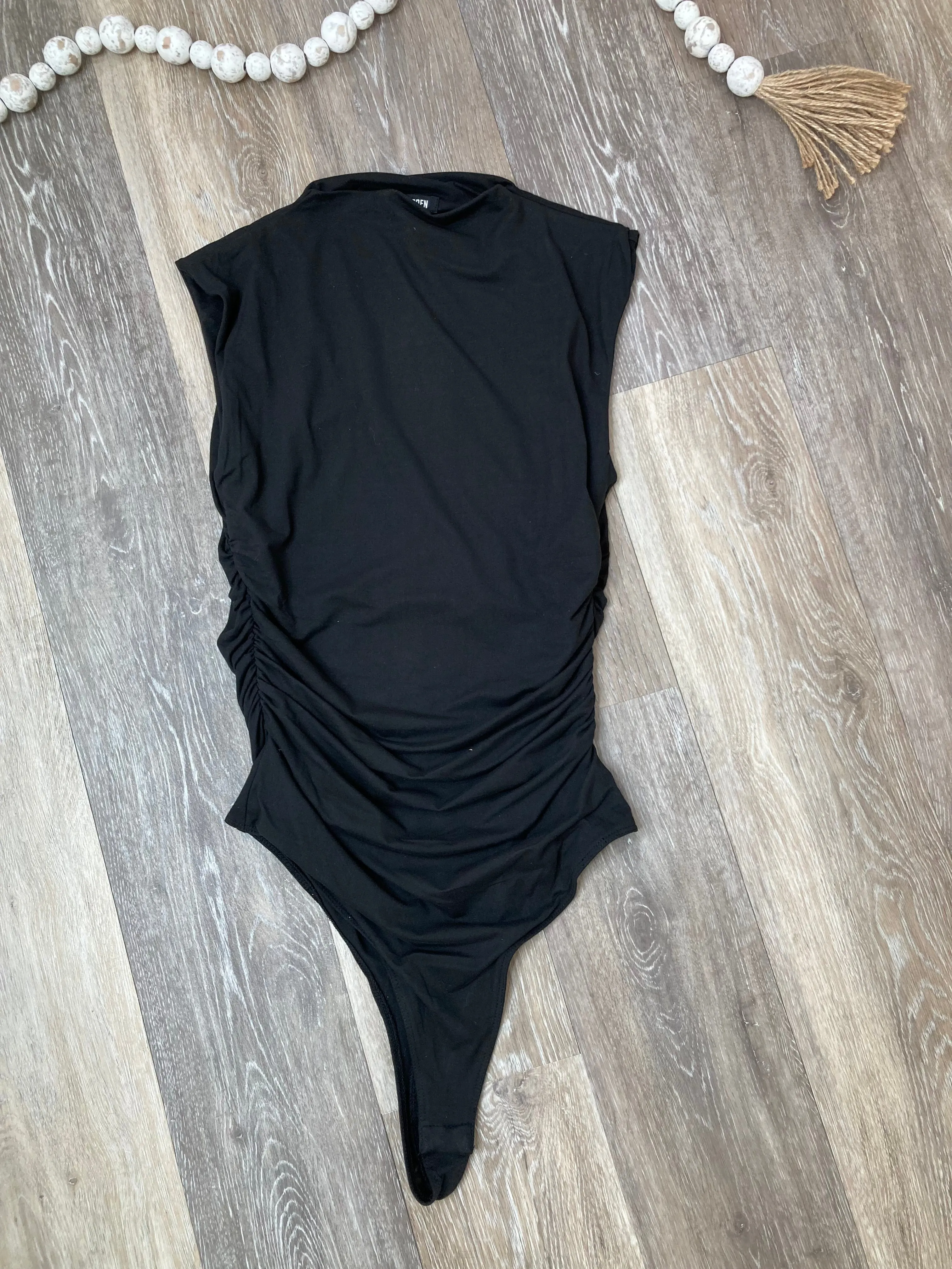 STE Esen Mock Neck Ruched Bodysuit in Black