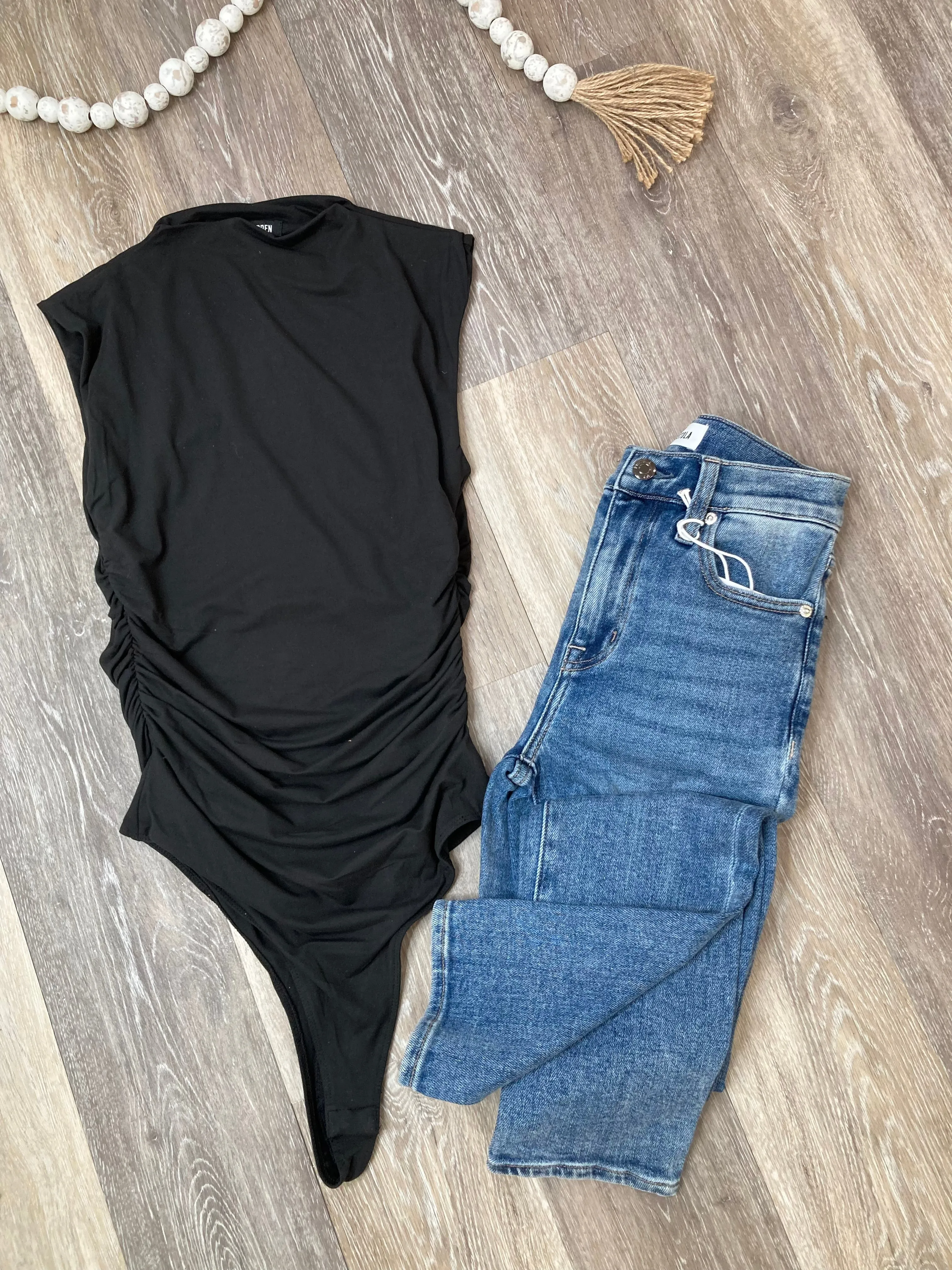 STE Esen Mock Neck Ruched Bodysuit in Black