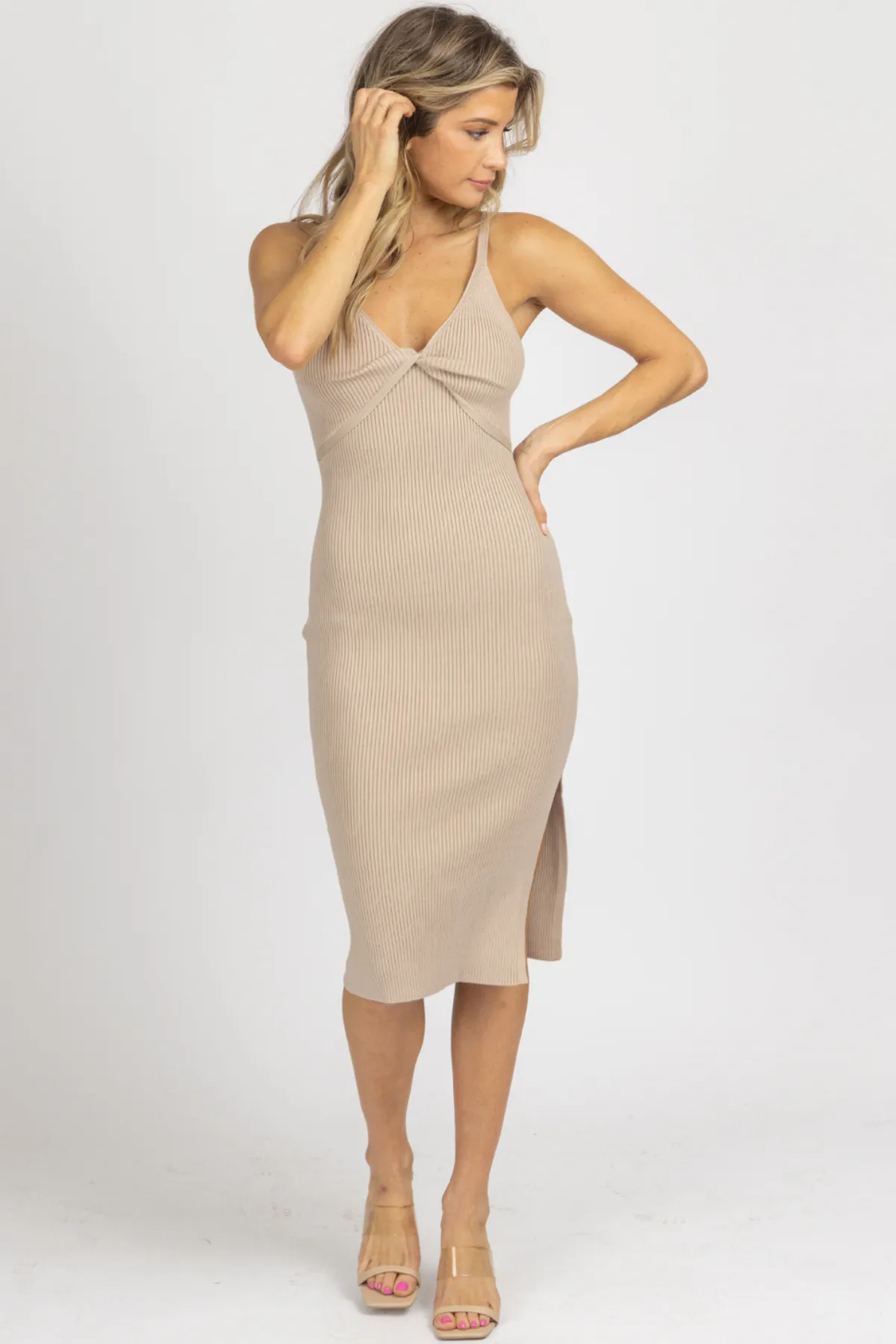 STONE TWIST FRONT KNIT RIBBED MIDI DRESS