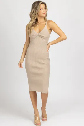 STONE TWIST FRONT KNIT RIBBED MIDI DRESS