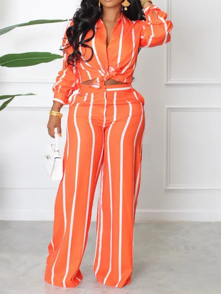 Striped Printed Long-Sleeved Shirt And Pants Two-Piece Set