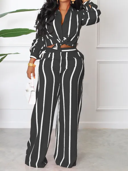 Striped Printed Long-Sleeved Shirt And Pants Two-Piece Set