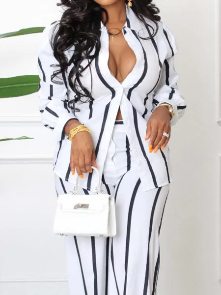 Striped Printed Long-Sleeved Shirt And Pants Two-Piece Set