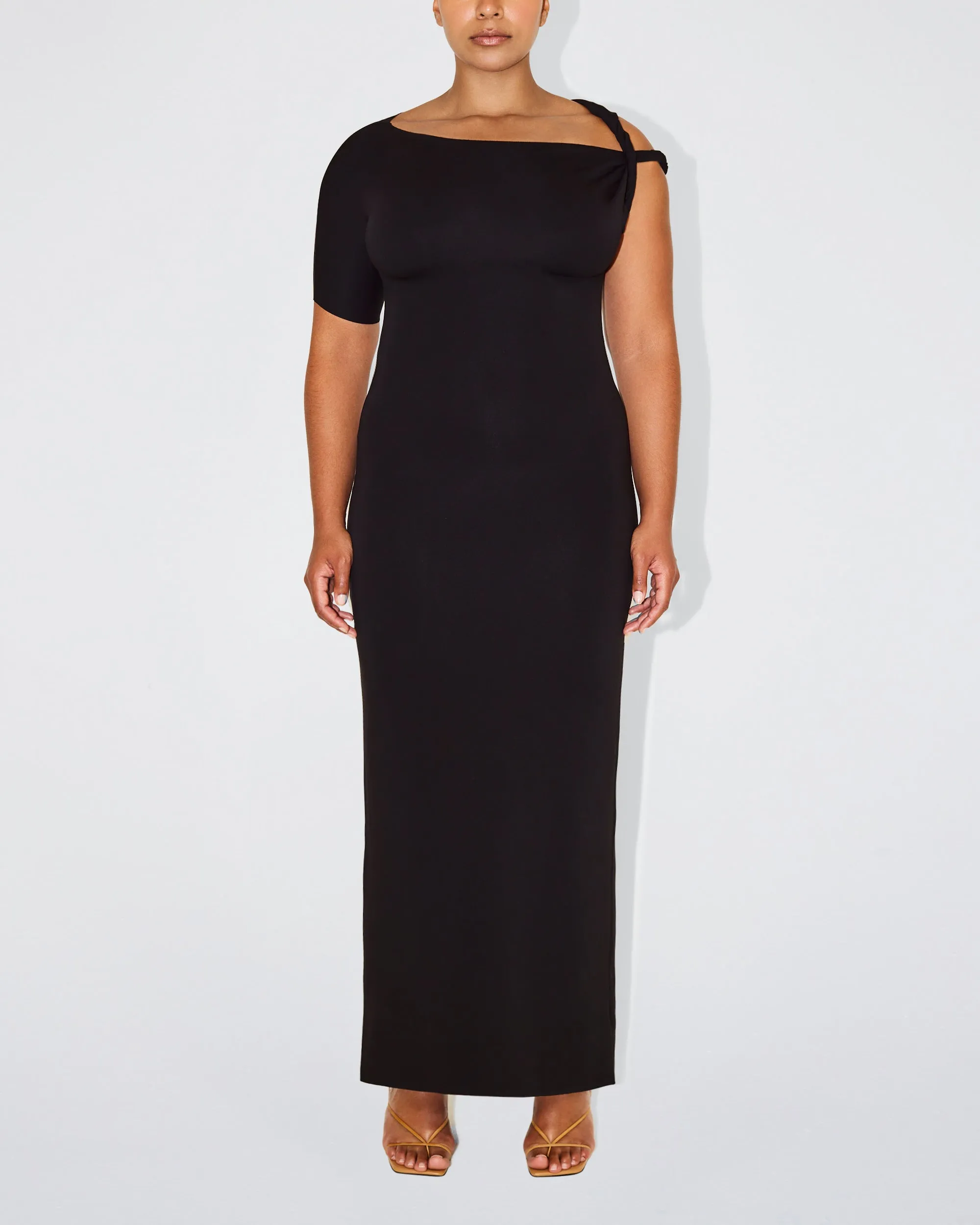 Sueded Stretch Twist Maxi Dress | Black