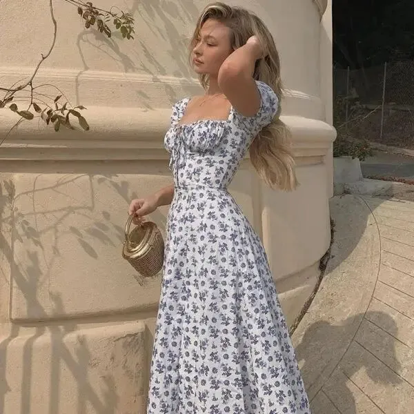 Suninheart Summer Square Neck Long Dresses Elegant Floral Printing Casual Puff Sleeve Holiday Dress Maxi Women Clothing