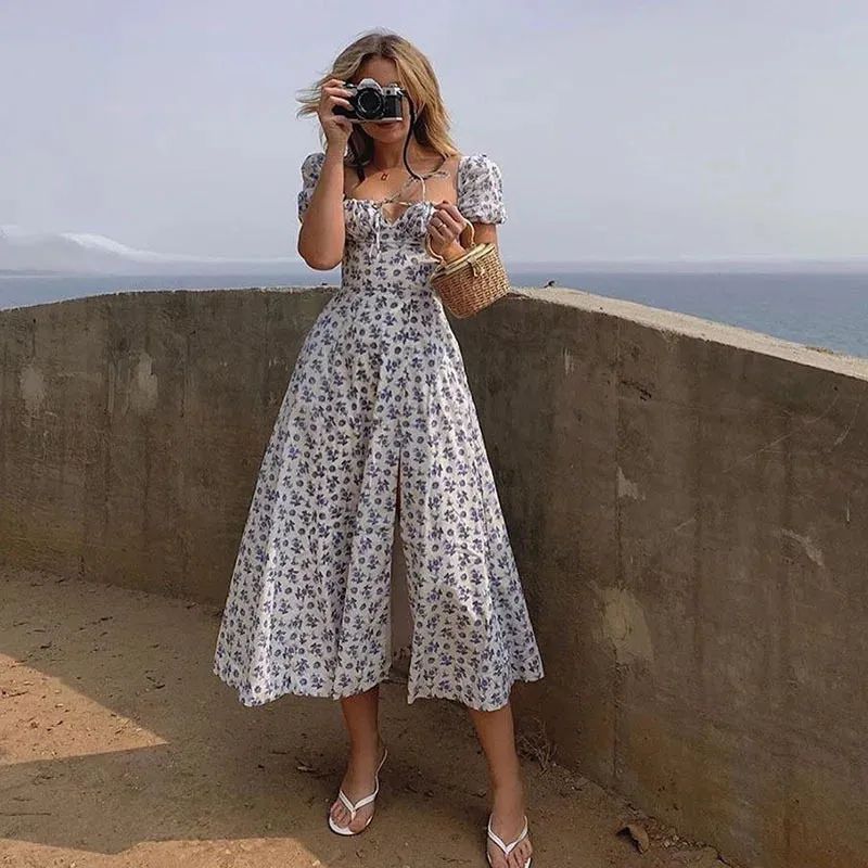 Suninheart Summer Square Neck Long Dresses Elegant Floral Printing Casual Puff Sleeve Holiday Dress Maxi Women Clothing