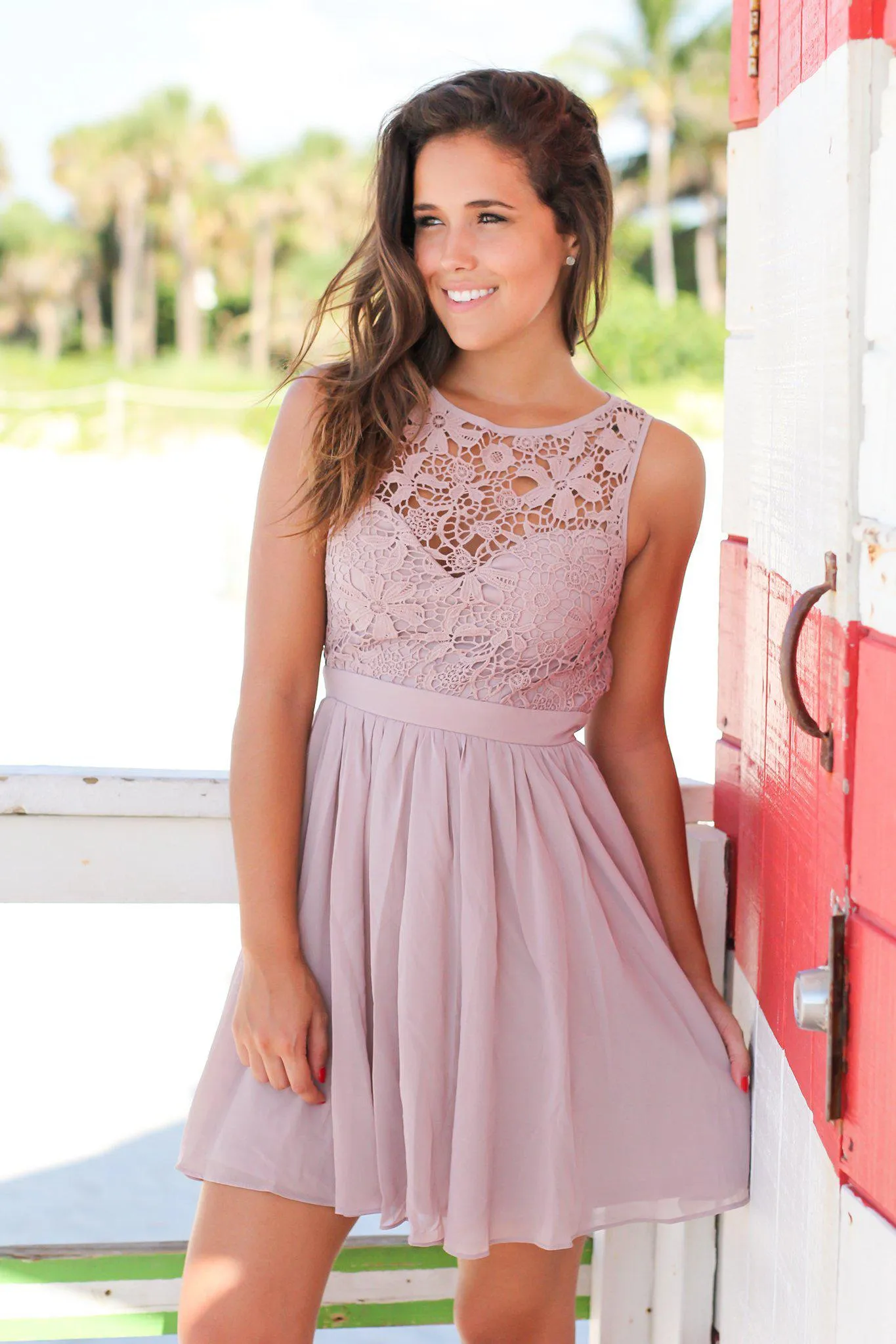 Tan Crochet Short Dress with Open Back