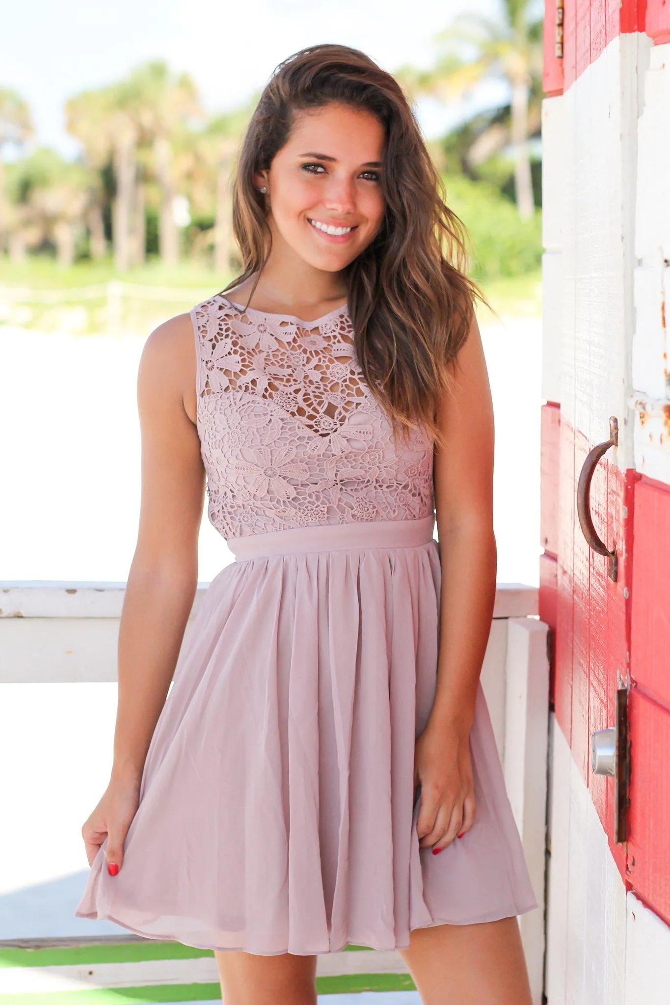 Tan Crochet Short Dress with Open Back