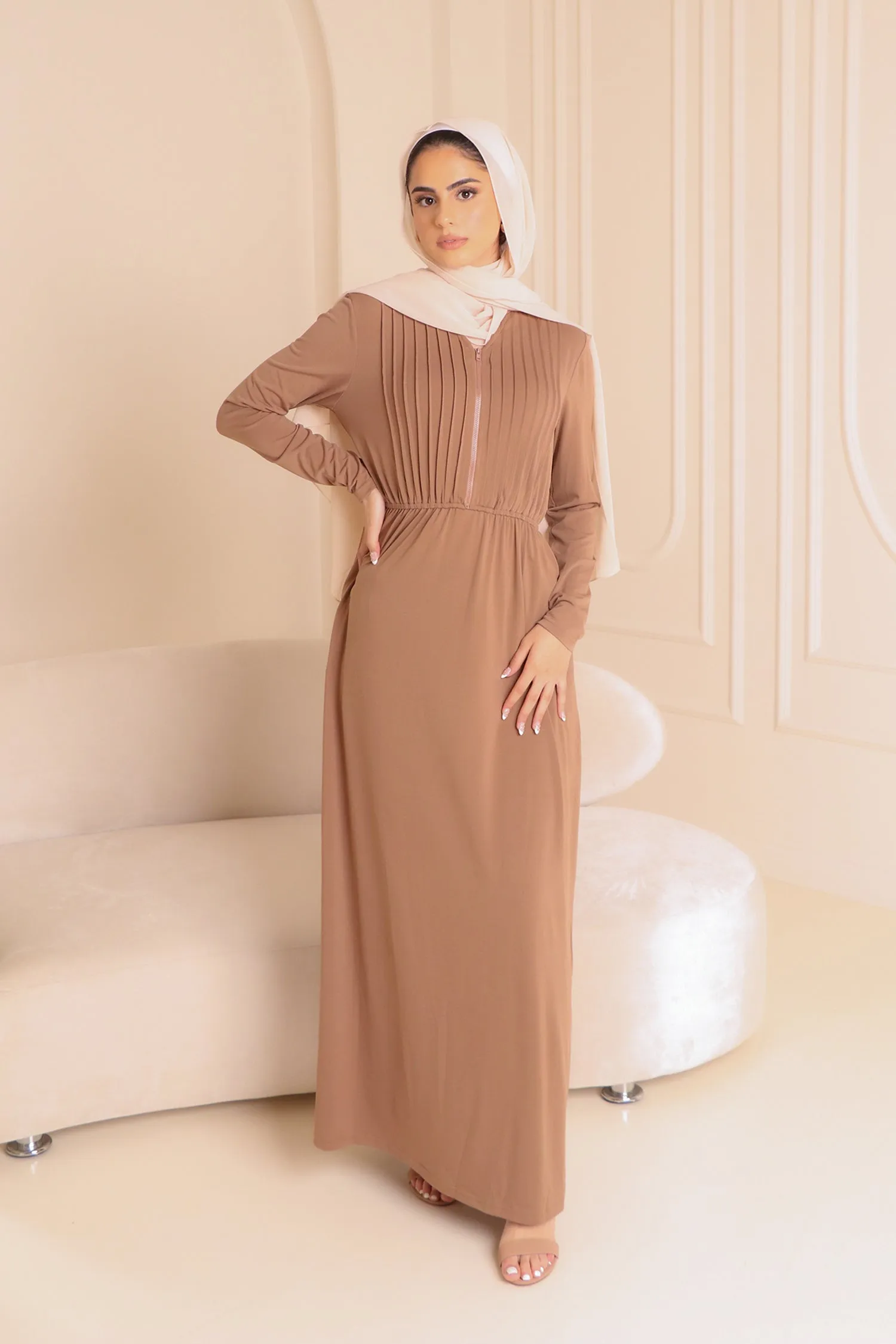 Tan Pleated Spandex Maxi Dress