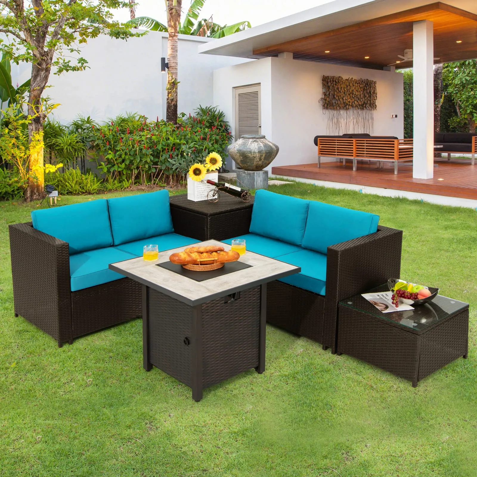 Tangkula 5-Piece Patio Furniture Set with 30 Inches Gas Fire Pit Table