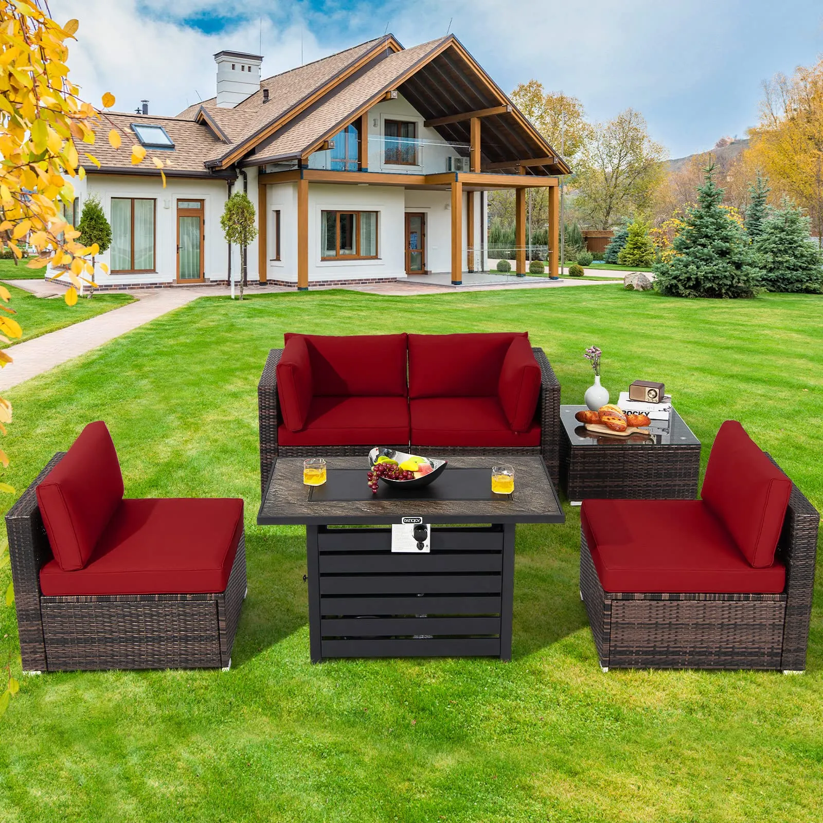 Tangkula 6-Piece Patio Furniture Set with 42 Inches Propane Fire Pit Table