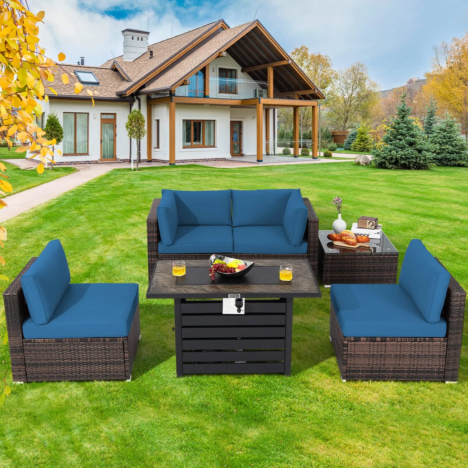 Tangkula 6-Piece Patio Furniture Set with 42 Inches Propane Fire Pit Table