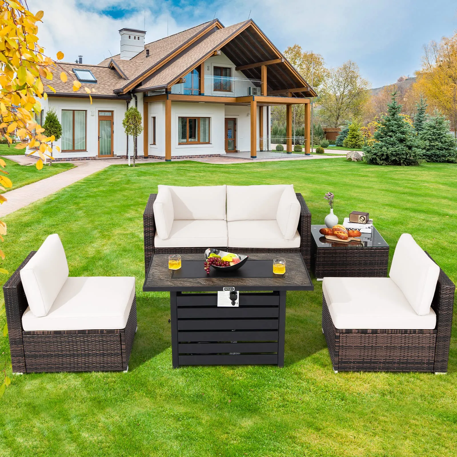 Tangkula 6-Piece Patio Furniture Set with 42 Inches Propane Fire Pit Table