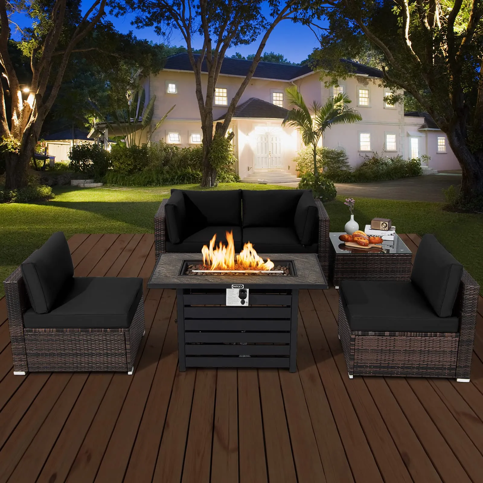 Tangkula 6-Piece Patio Furniture Set with 42 Inches Propane Fire Pit Table