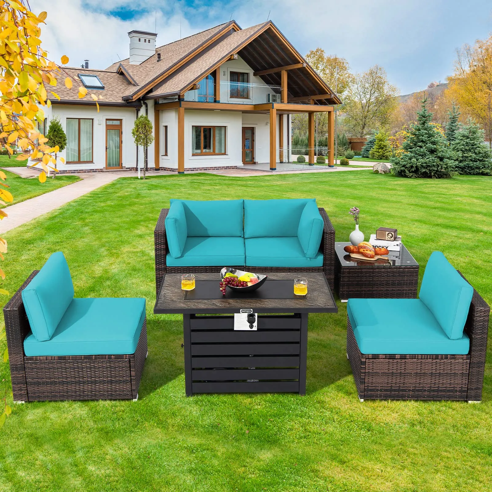 Tangkula 6-Piece Patio Furniture Set with 42 Inches Propane Fire Pit Table