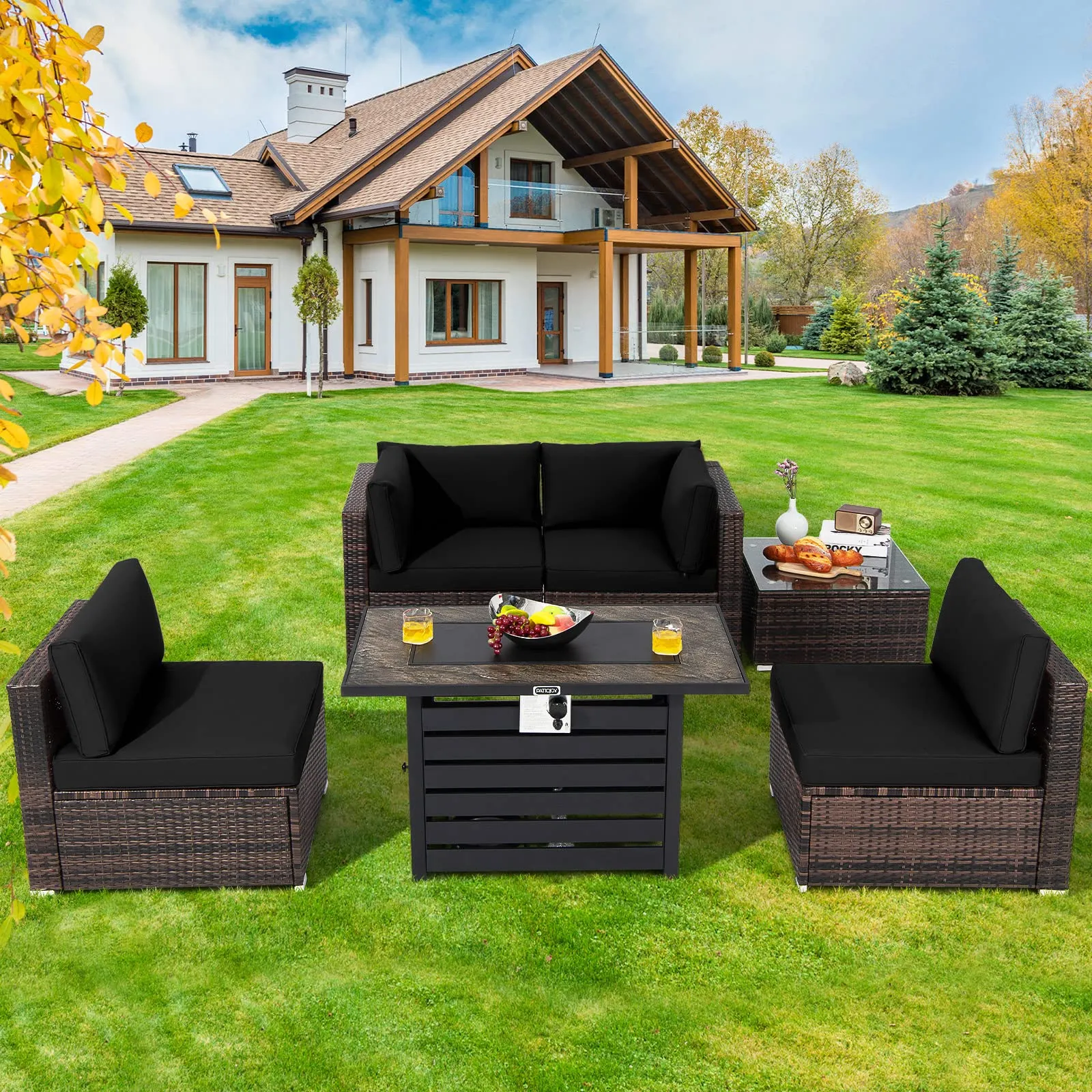 Tangkula 6-Piece Patio Furniture Set with 42 Inches Propane Fire Pit Table