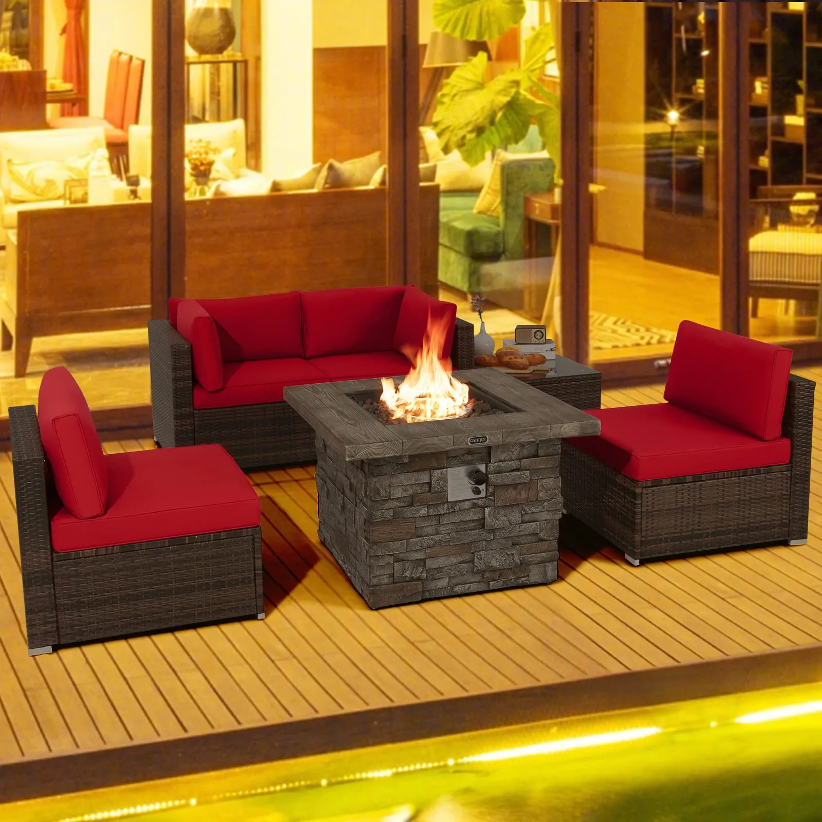 Tangkula 6 Pieces Patio Rattan Sofa Set, Patiojoy Outdoor Wicker Set w/ 34.5" Faux Stone Fire Pit Table