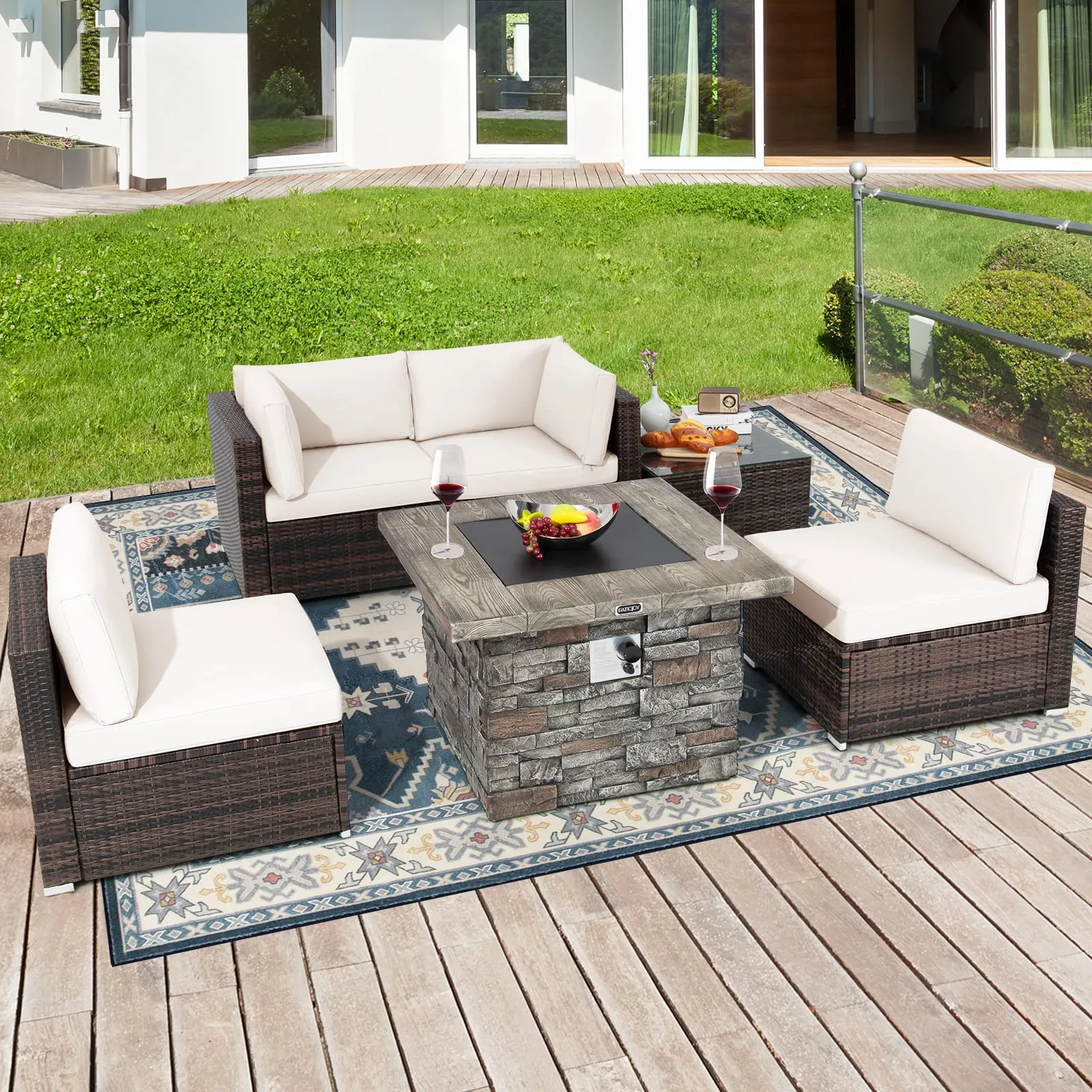 Tangkula 6 Pieces Patio Rattan Sofa Set, Patiojoy Outdoor Wicker Set w/ 34.5" Faux Stone Fire Pit Table