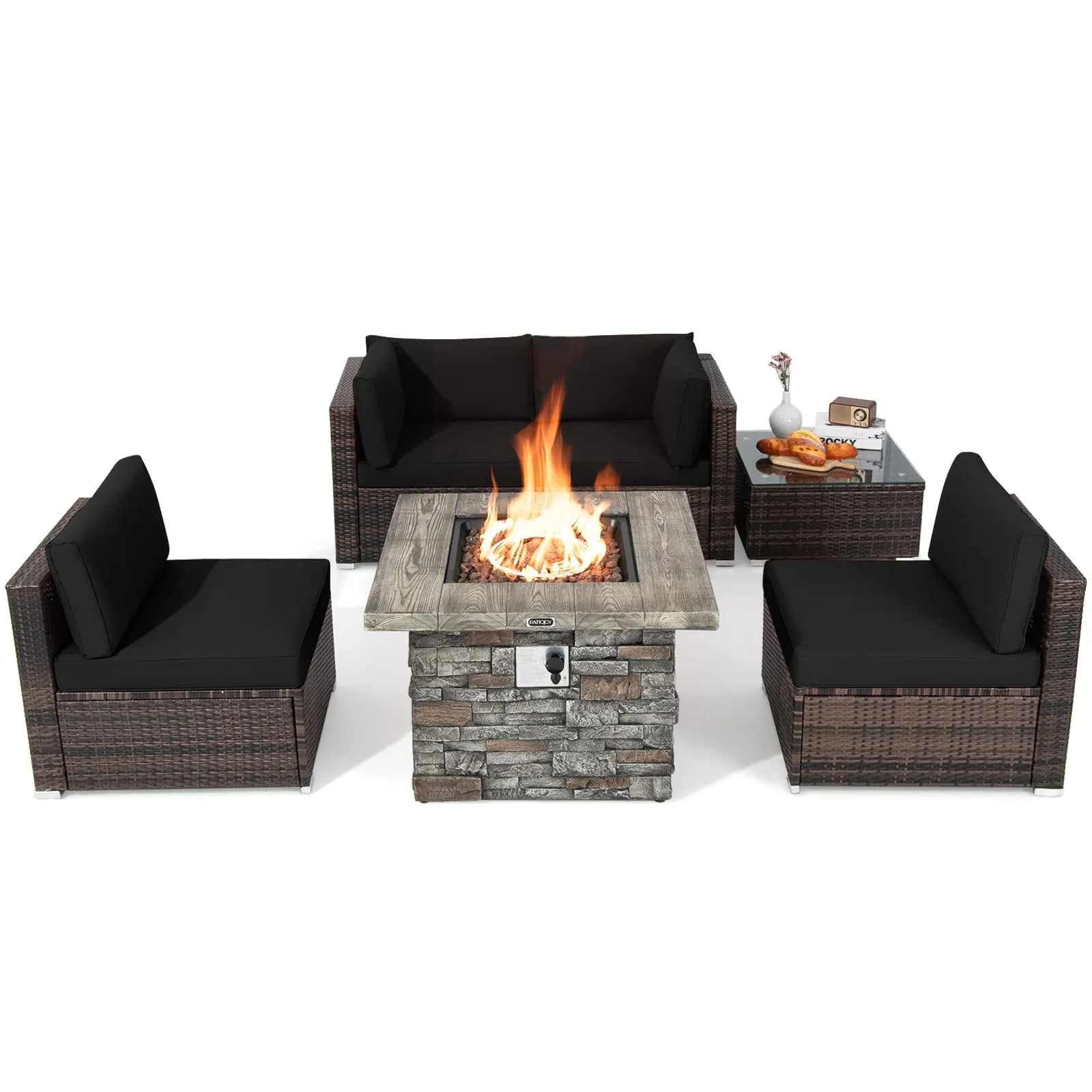 Tangkula 6 Pieces Patio Rattan Sofa Set, Patiojoy Outdoor Wicker Set w/ 34.5" Faux Stone Fire Pit Table