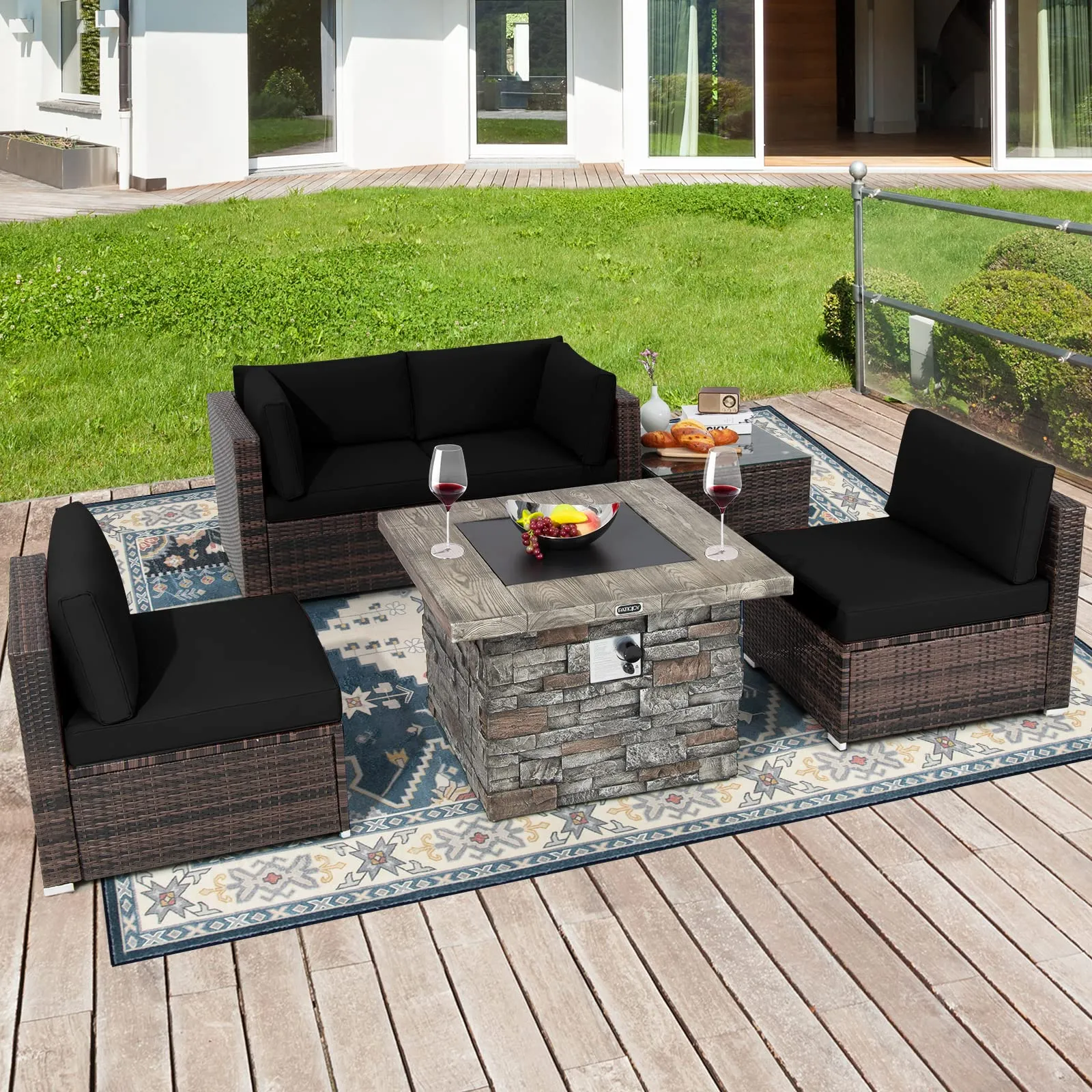 Tangkula 6 Pieces Patio Rattan Sofa Set, Patiojoy Outdoor Wicker Set w/ 34.5" Faux Stone Fire Pit Table