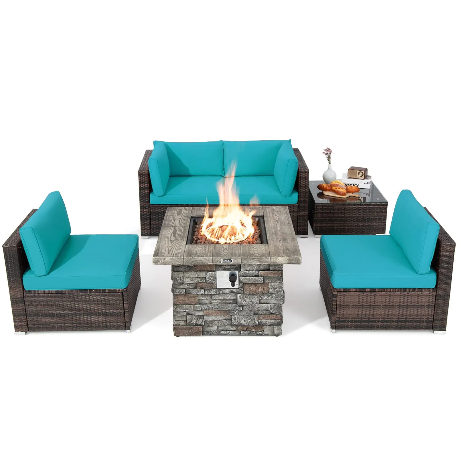 Tangkula 6 Pieces Patio Rattan Sofa Set, Patiojoy Outdoor Wicker Set w/ 34.5" Faux Stone Fire Pit Table