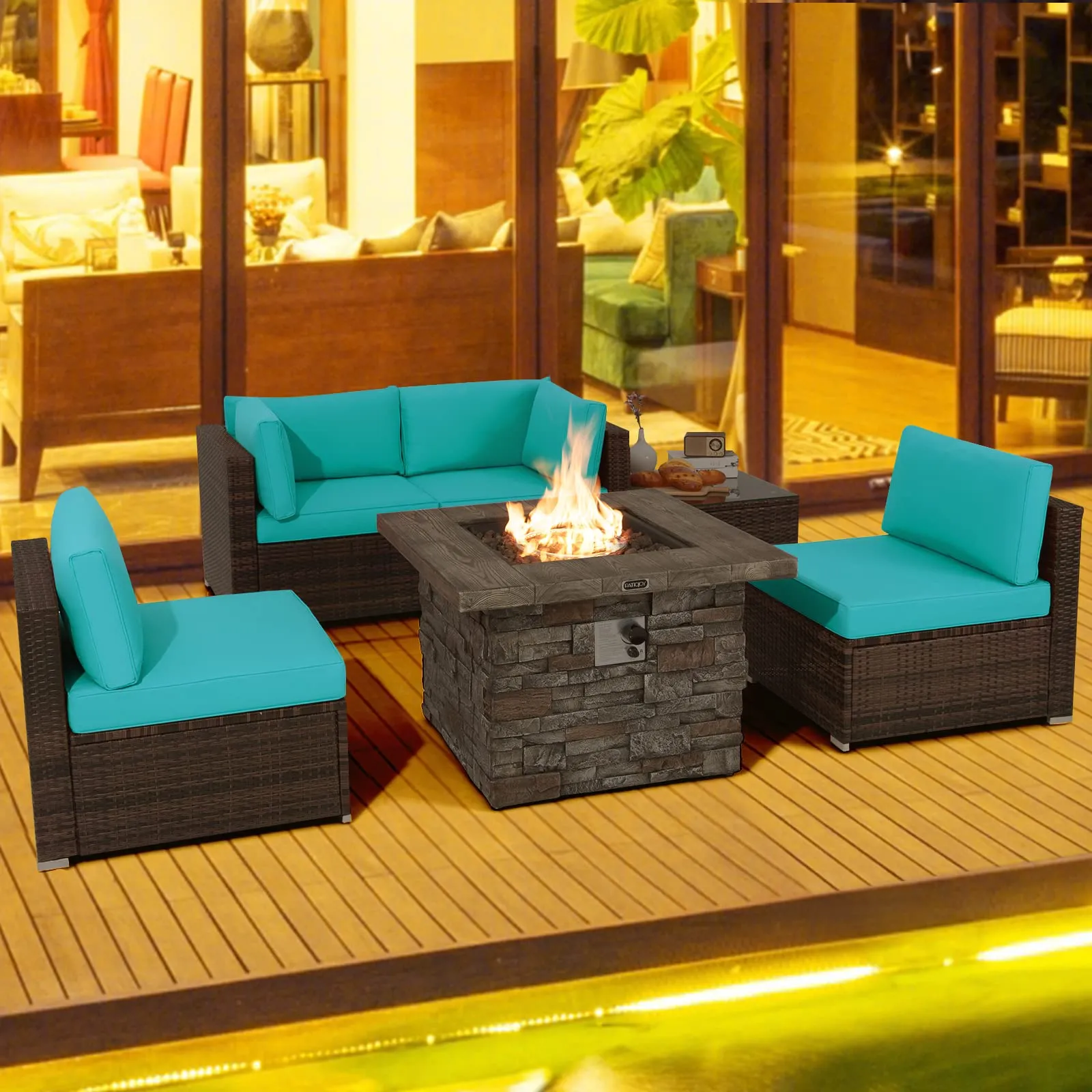 Tangkula 6 Pieces Patio Rattan Sofa Set, Patiojoy Outdoor Wicker Set w/ 34.5" Faux Stone Fire Pit Table