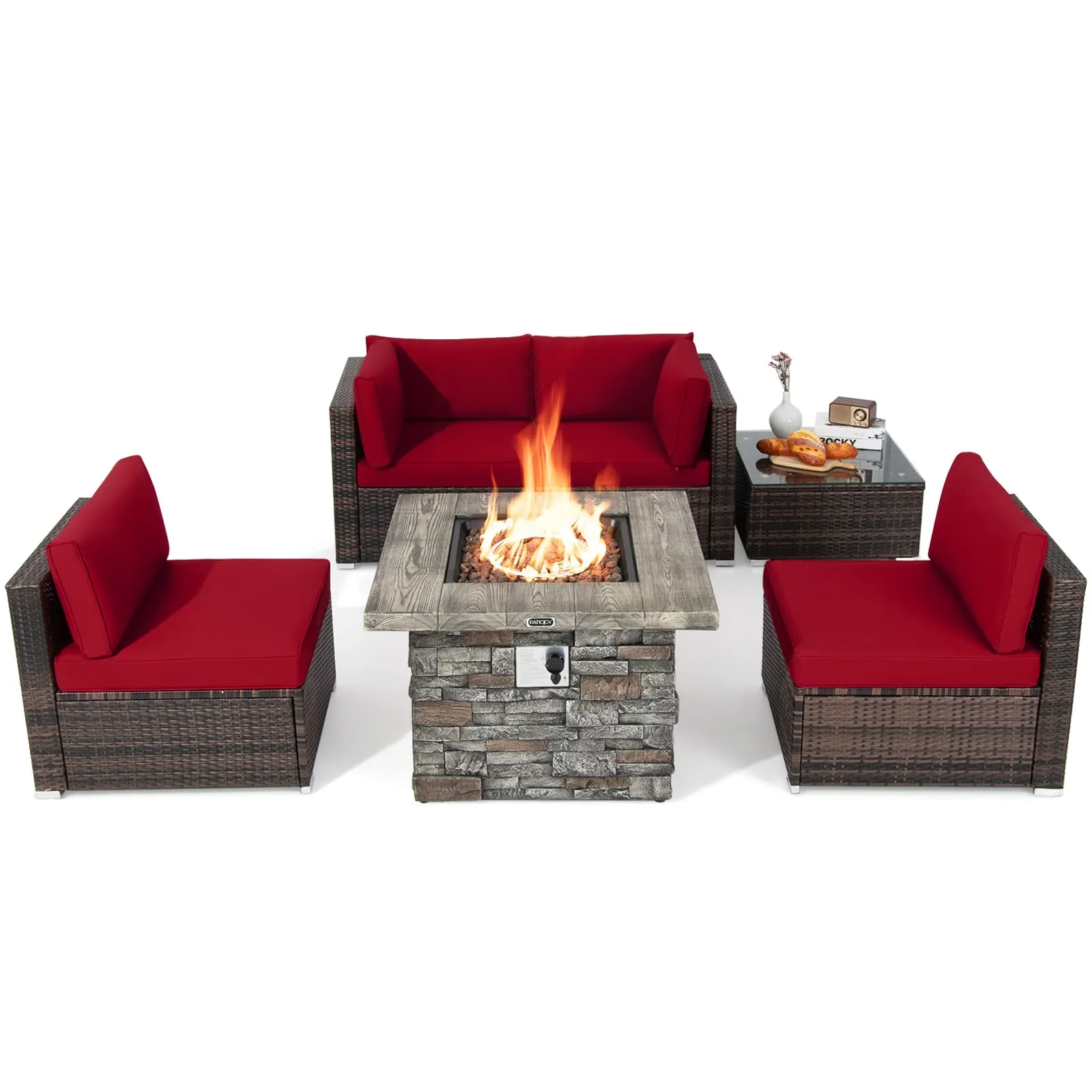 Tangkula 6 Pieces Patio Rattan Sofa Set, Patiojoy Outdoor Wicker Set w/ 34.5" Faux Stone Fire Pit Table