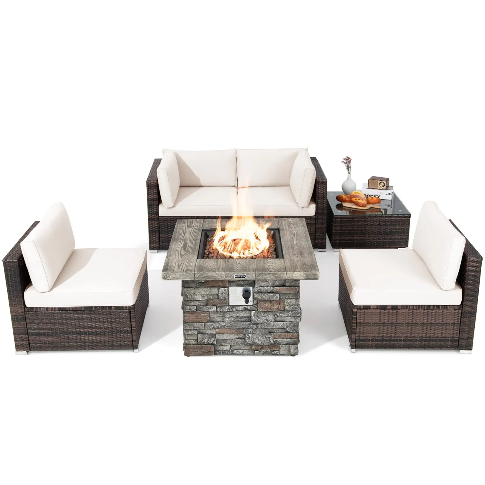 Tangkula 6 Pieces Patio Rattan Sofa Set, Patiojoy Outdoor Wicker Set w/ 34.5" Faux Stone Fire Pit Table