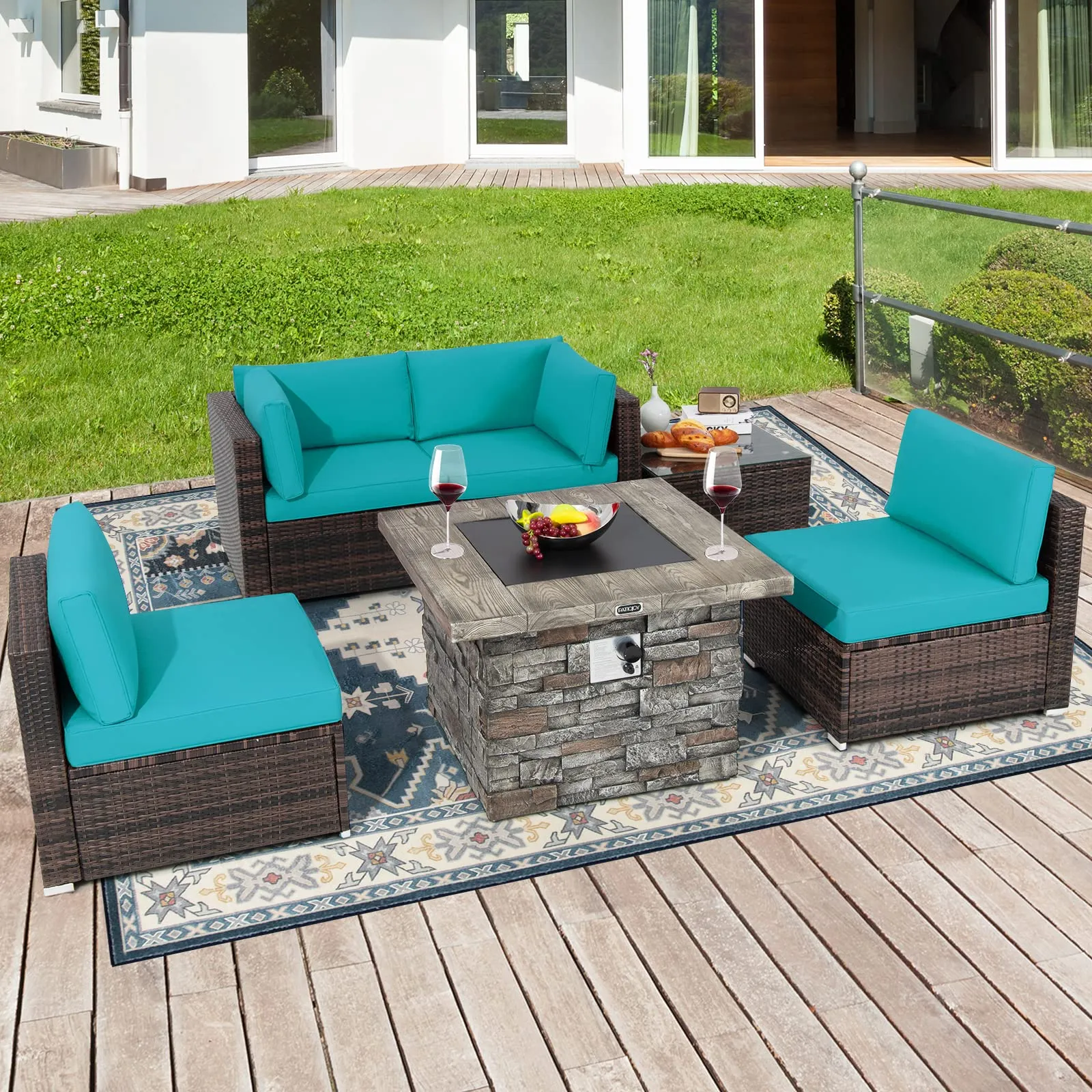 Tangkula 6 Pieces Patio Rattan Sofa Set, Patiojoy Outdoor Wicker Set w/ 34.5" Faux Stone Fire Pit Table