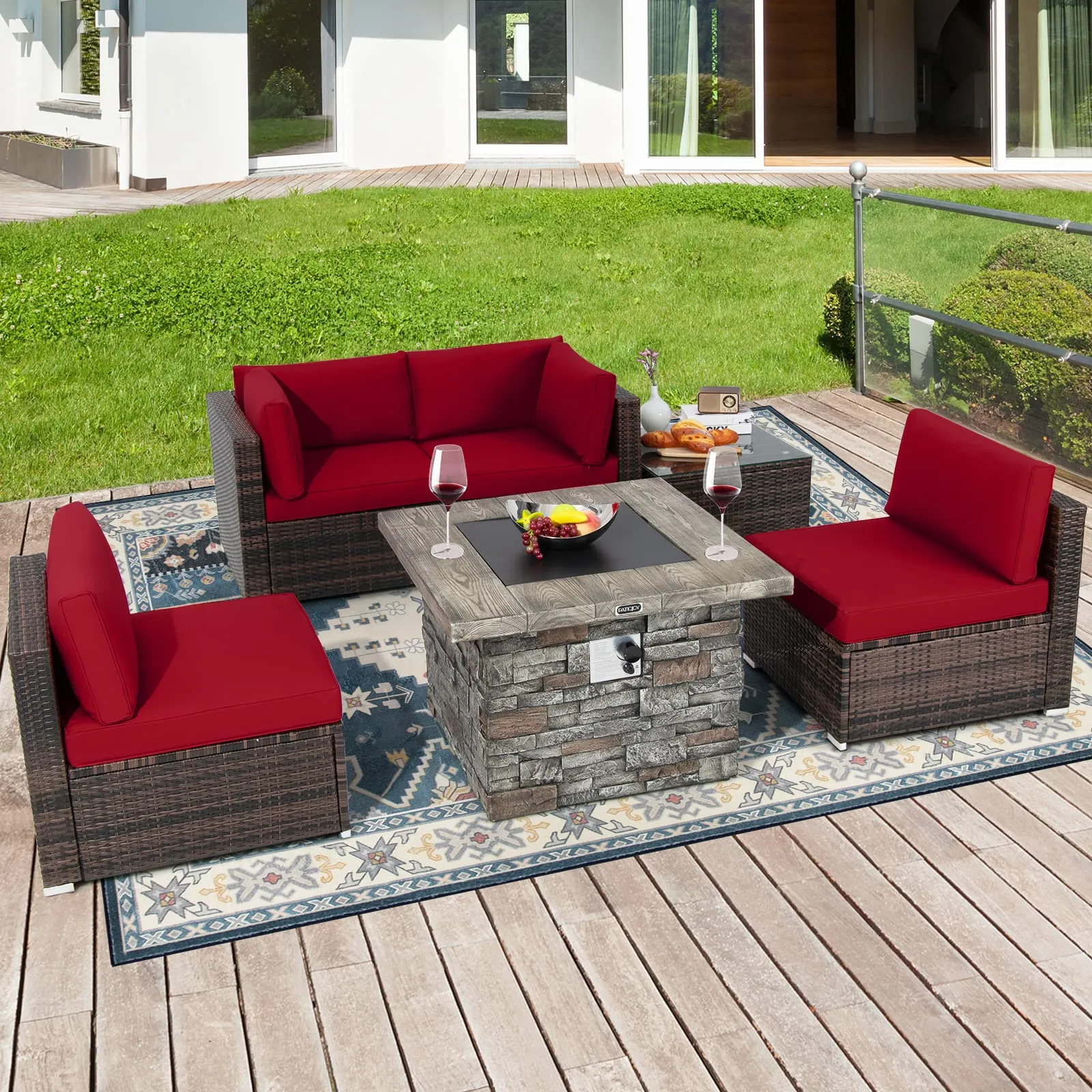 Tangkula 6 Pieces Patio Rattan Sofa Set, Patiojoy Outdoor Wicker Set w/ 34.5" Faux Stone Fire Pit Table