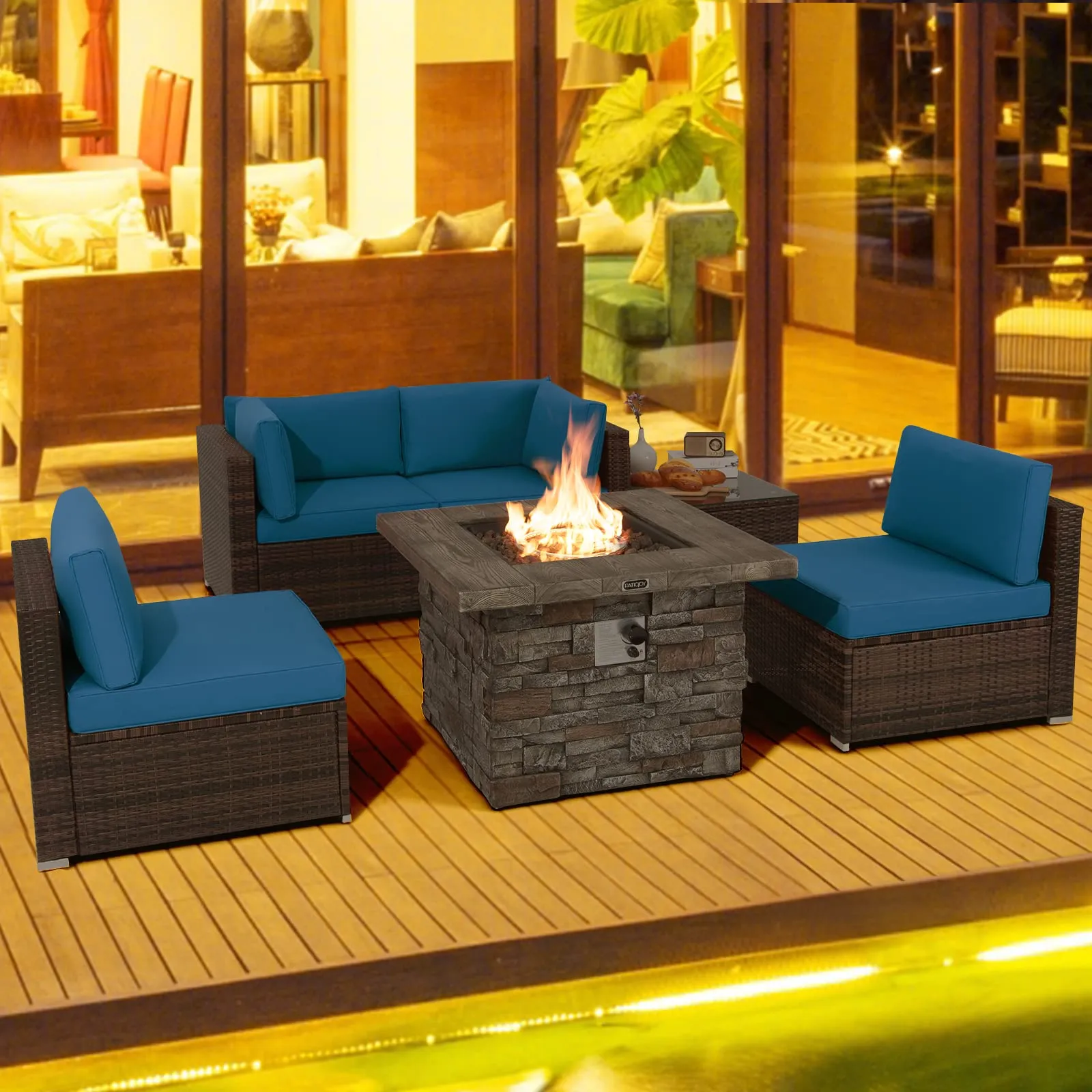 Tangkula 6 Pieces Patio Rattan Sofa Set, Patiojoy Outdoor Wicker Set w/ 34.5" Faux Stone Fire Pit Table