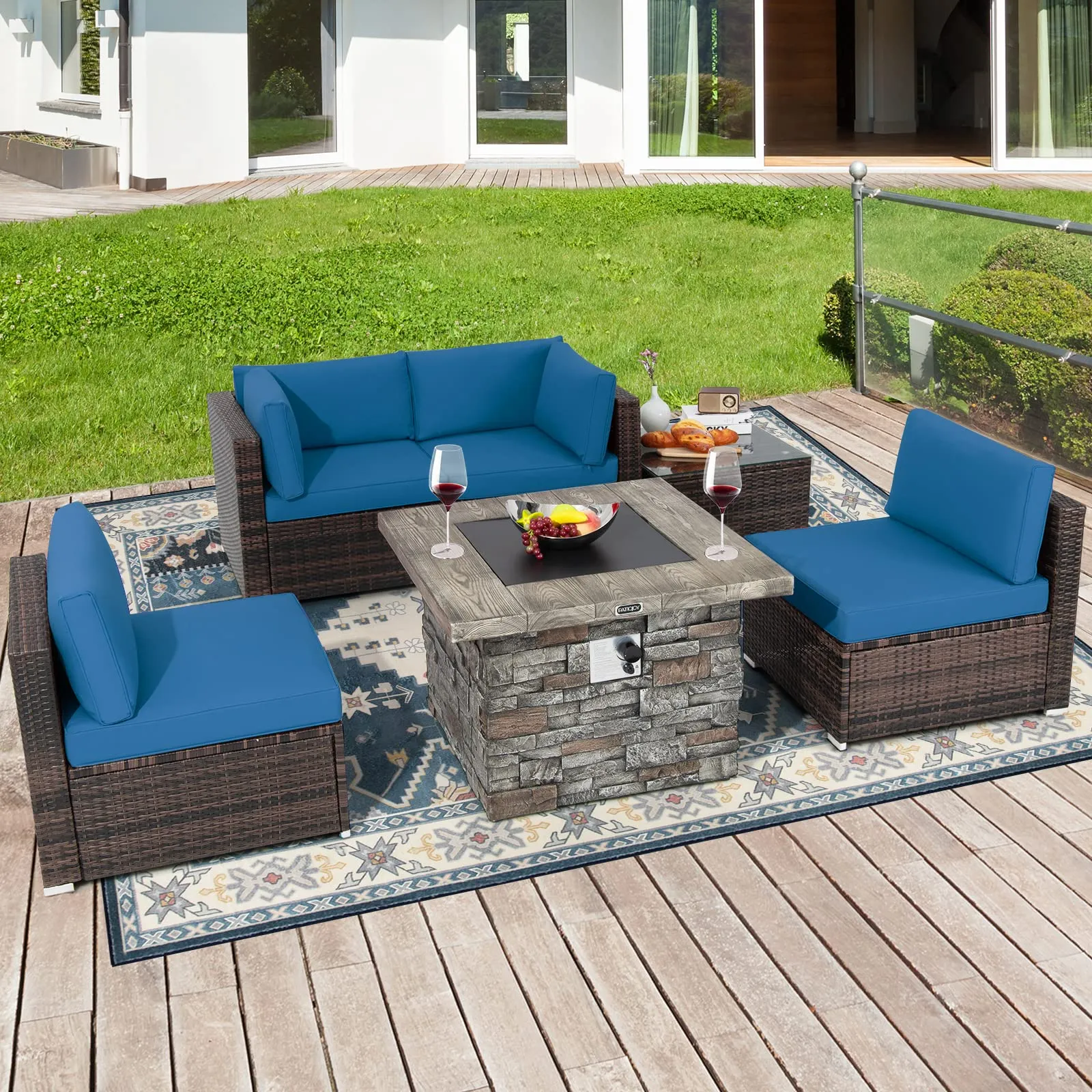 Tangkula 6 Pieces Patio Rattan Sofa Set, Patiojoy Outdoor Wicker Set w/ 34.5" Faux Stone Fire Pit Table