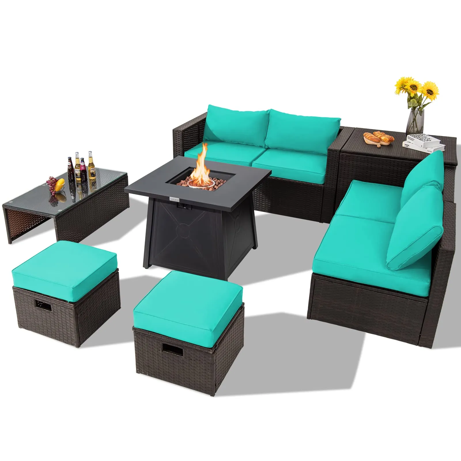 Tangkula 9 Pieces Patio Furniture Set with 30" Propane Fire Pit Table