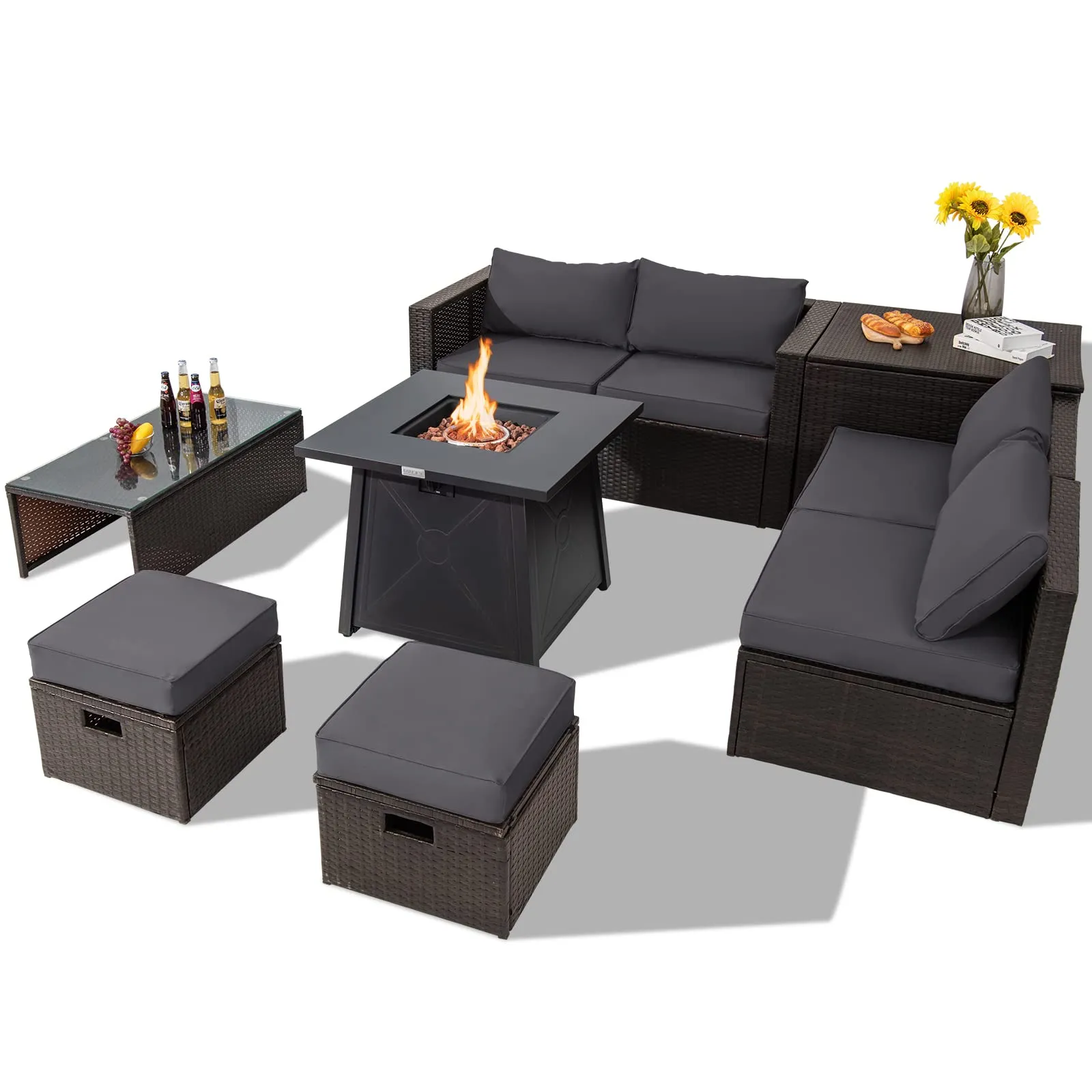 Tangkula 9 Pieces Patio Furniture Set with 30" Propane Fire Pit Table