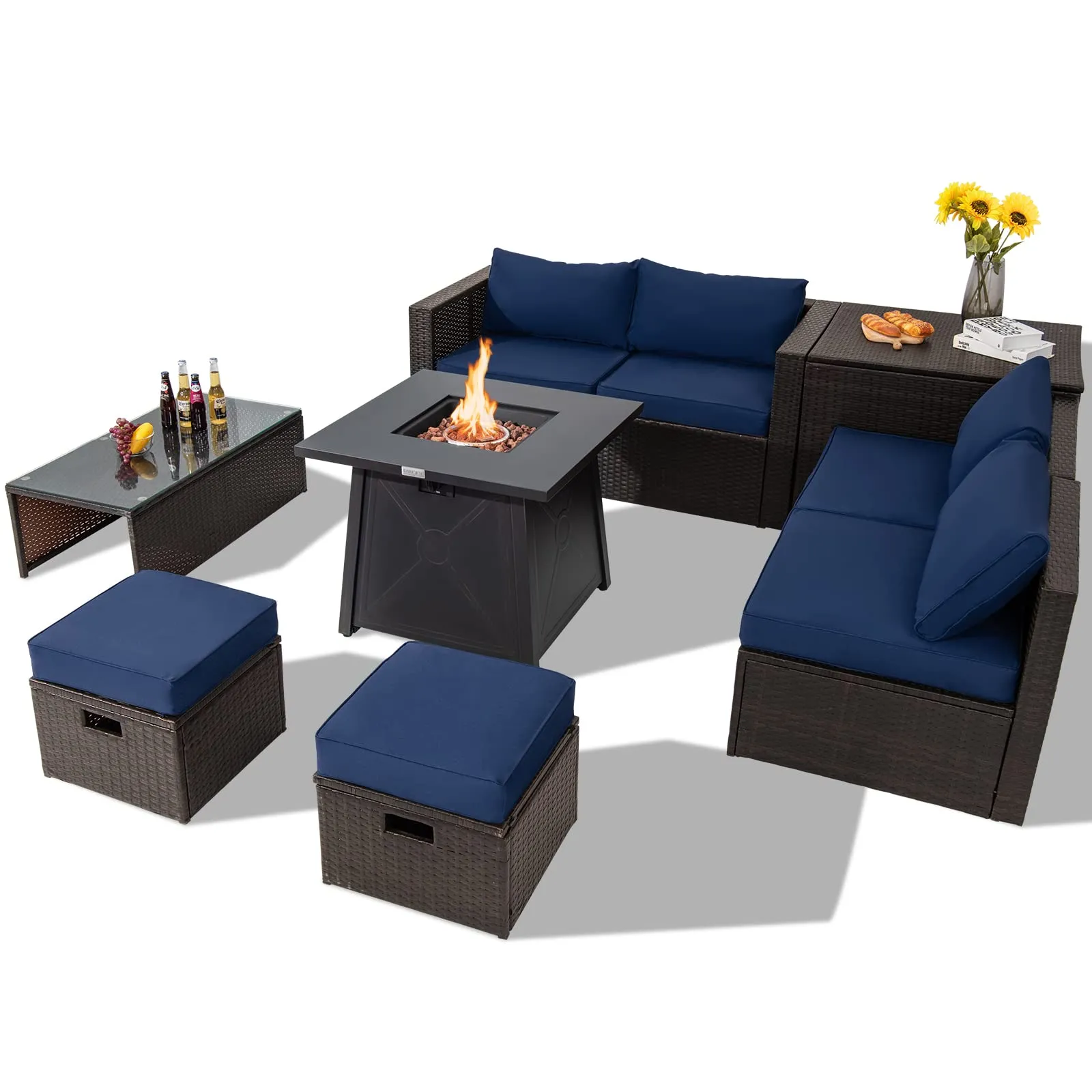 Tangkula 9 Pieces Patio Furniture Set with 30" Propane Fire Pit Table