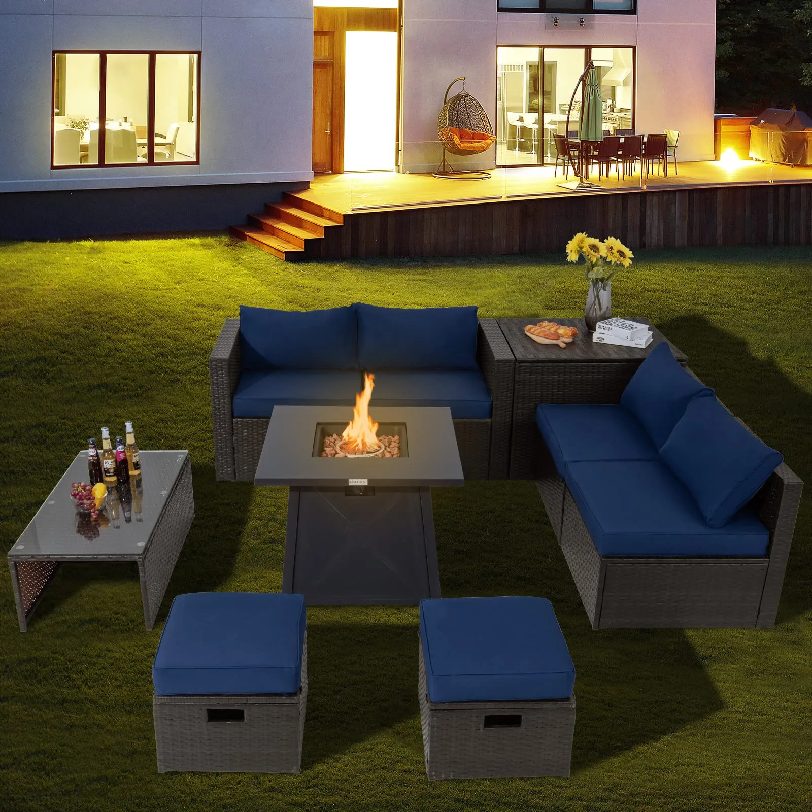 Tangkula 9 Pieces Patio Furniture Set with 30" Propane Fire Pit Table