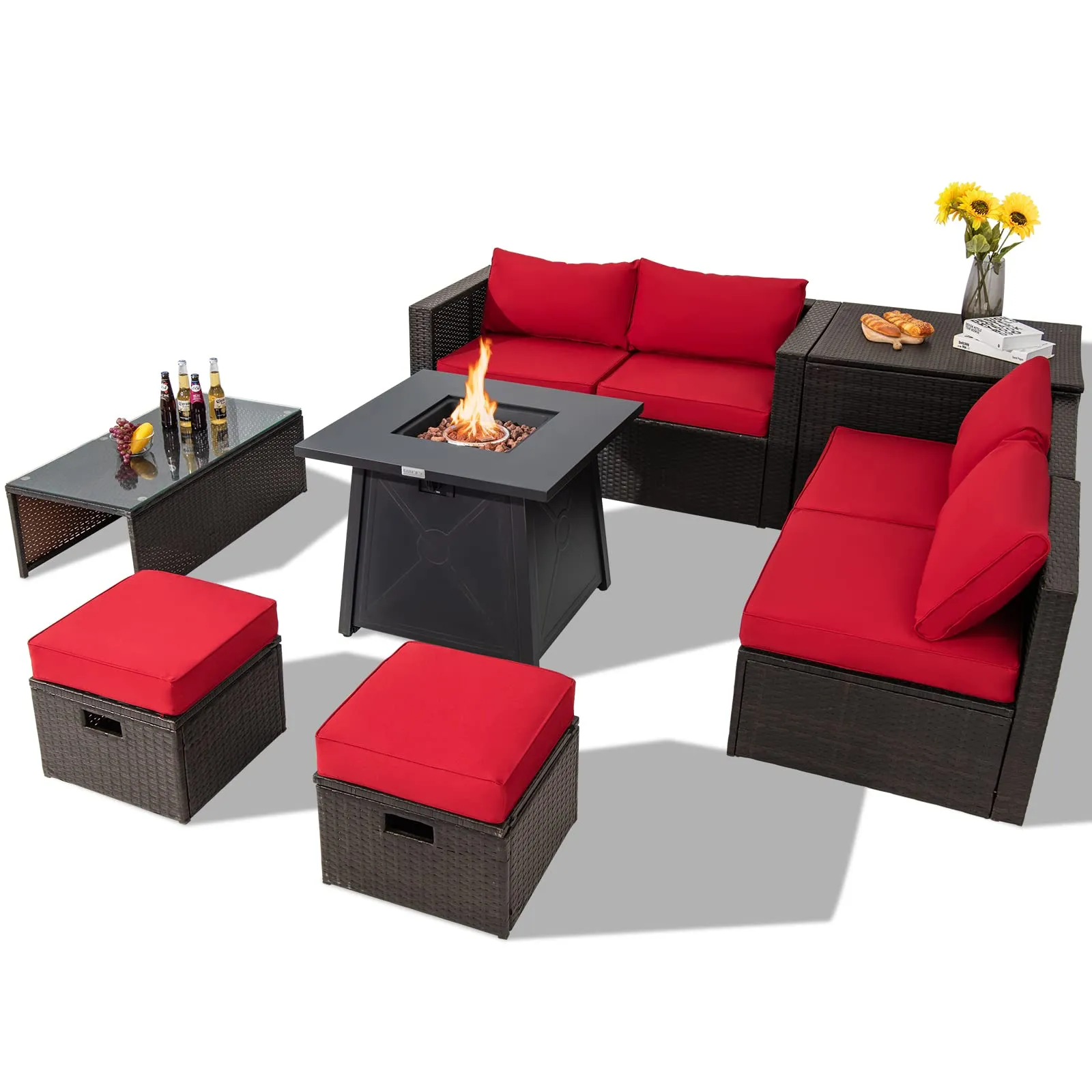 Tangkula 9 Pieces Patio Furniture Set with 30" Propane Fire Pit Table