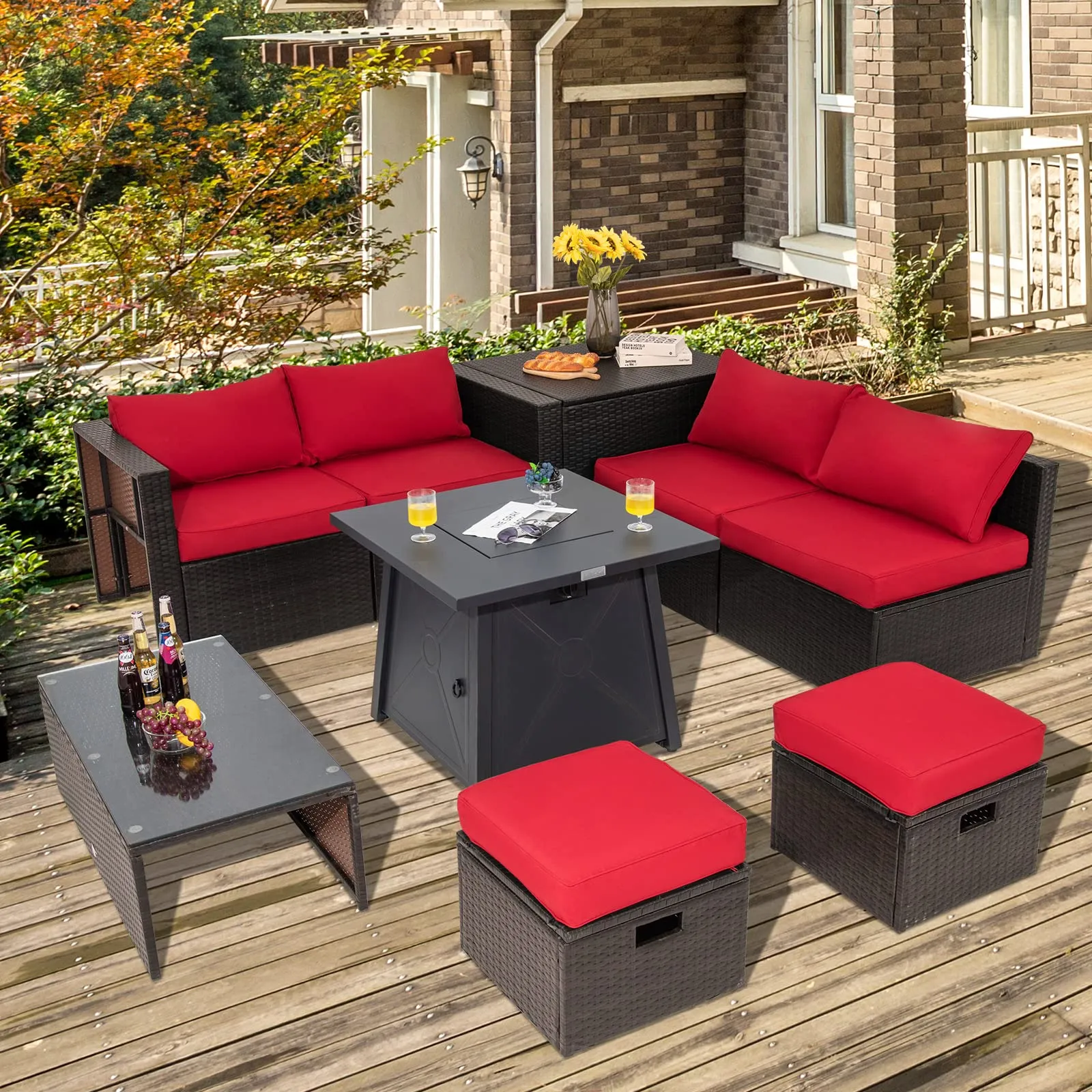 Tangkula 9 Pieces Patio Furniture Set with 30" Propane Fire Pit Table