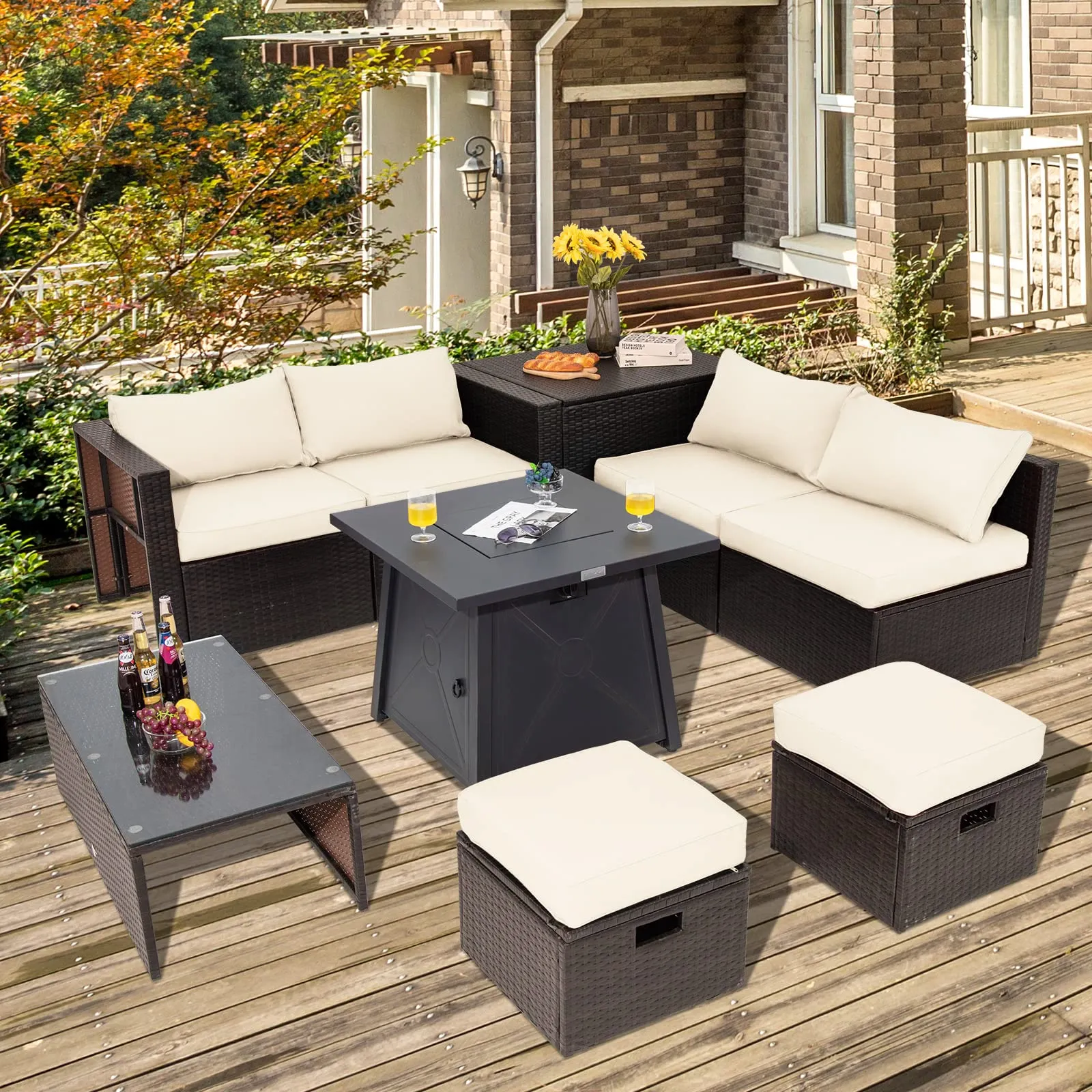 Tangkula 9 Pieces Patio Furniture Set with 30" Propane Fire Pit Table