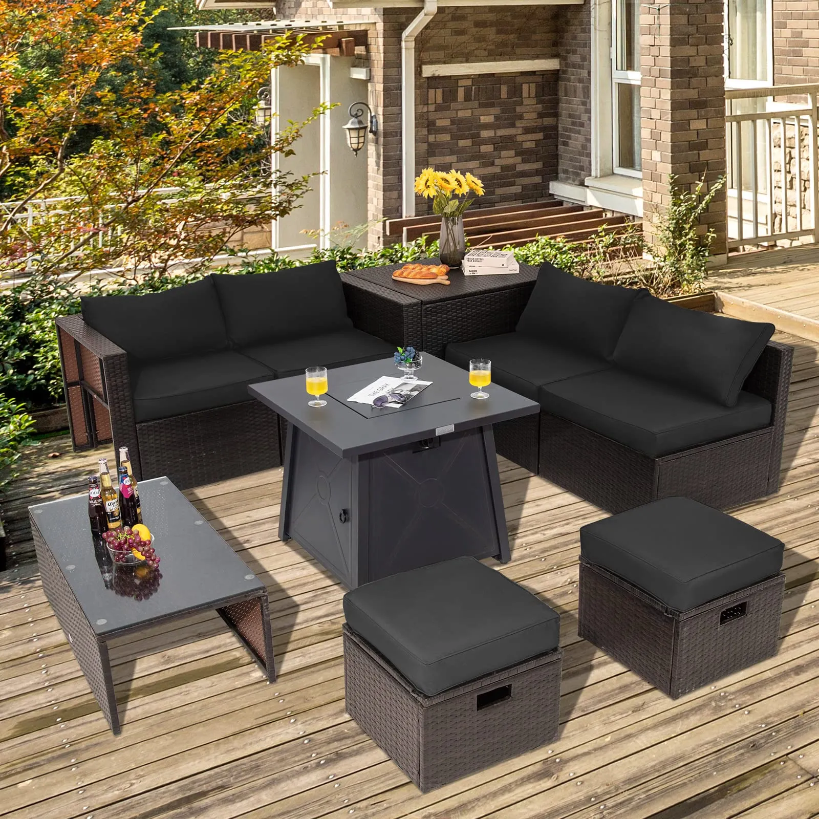 Tangkula 9 Pieces Patio Furniture Set with 30" Propane Fire Pit Table