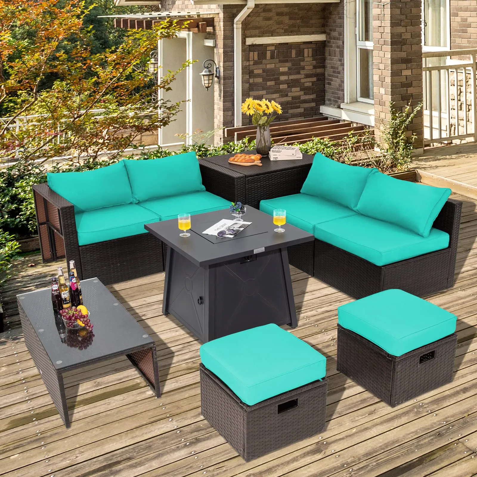 Tangkula 9 Pieces Patio Furniture Set with 30" Propane Fire Pit Table