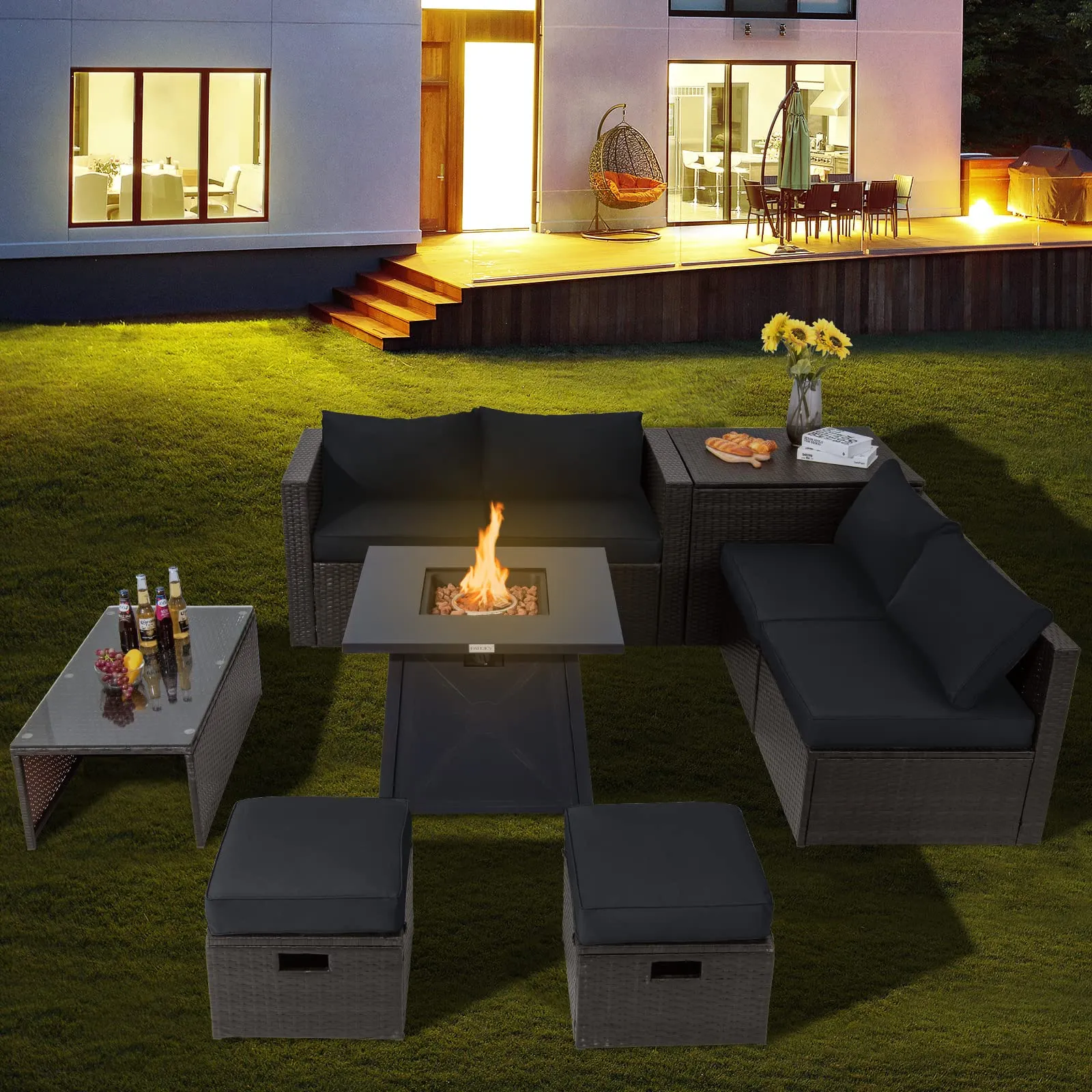 Tangkula 9 Pieces Patio Furniture Set with 30" Propane Fire Pit Table