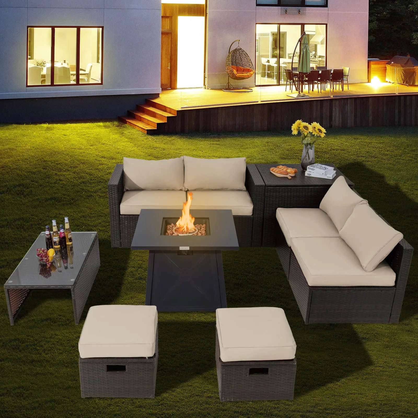 Tangkula 9 Pieces Patio Furniture Set with 30" Propane Fire Pit Table