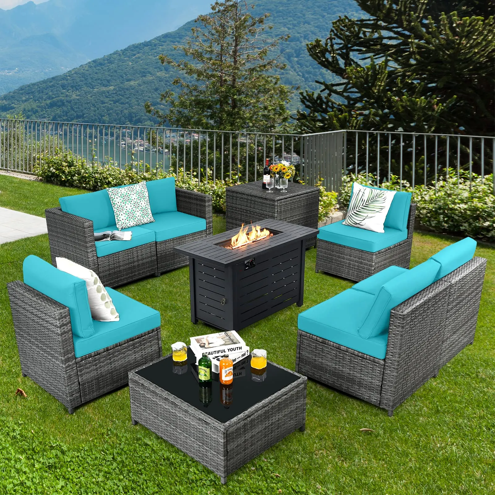 Tangkula 9 Pieces Patio Rattan Furniture Set, Patiojoy Sectional Sofa Set w/Storage Box, Coffee Table, Outdoor Wicker Conversation Set