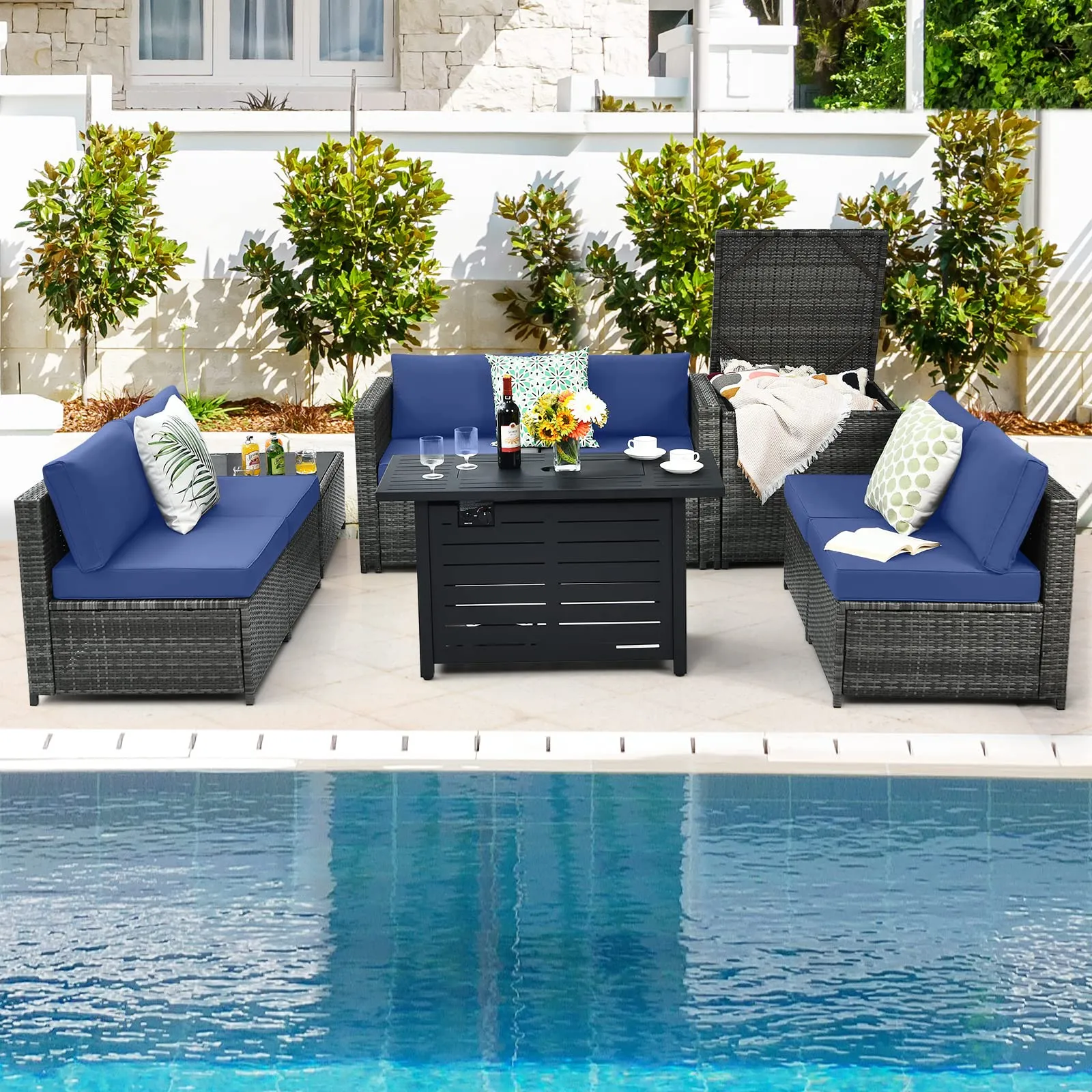 Tangkula 9 Pieces Patio Rattan Furniture Set, Patiojoy Sectional Sofa Set w/Storage Box, Coffee Table, Outdoor Wicker Conversation Set