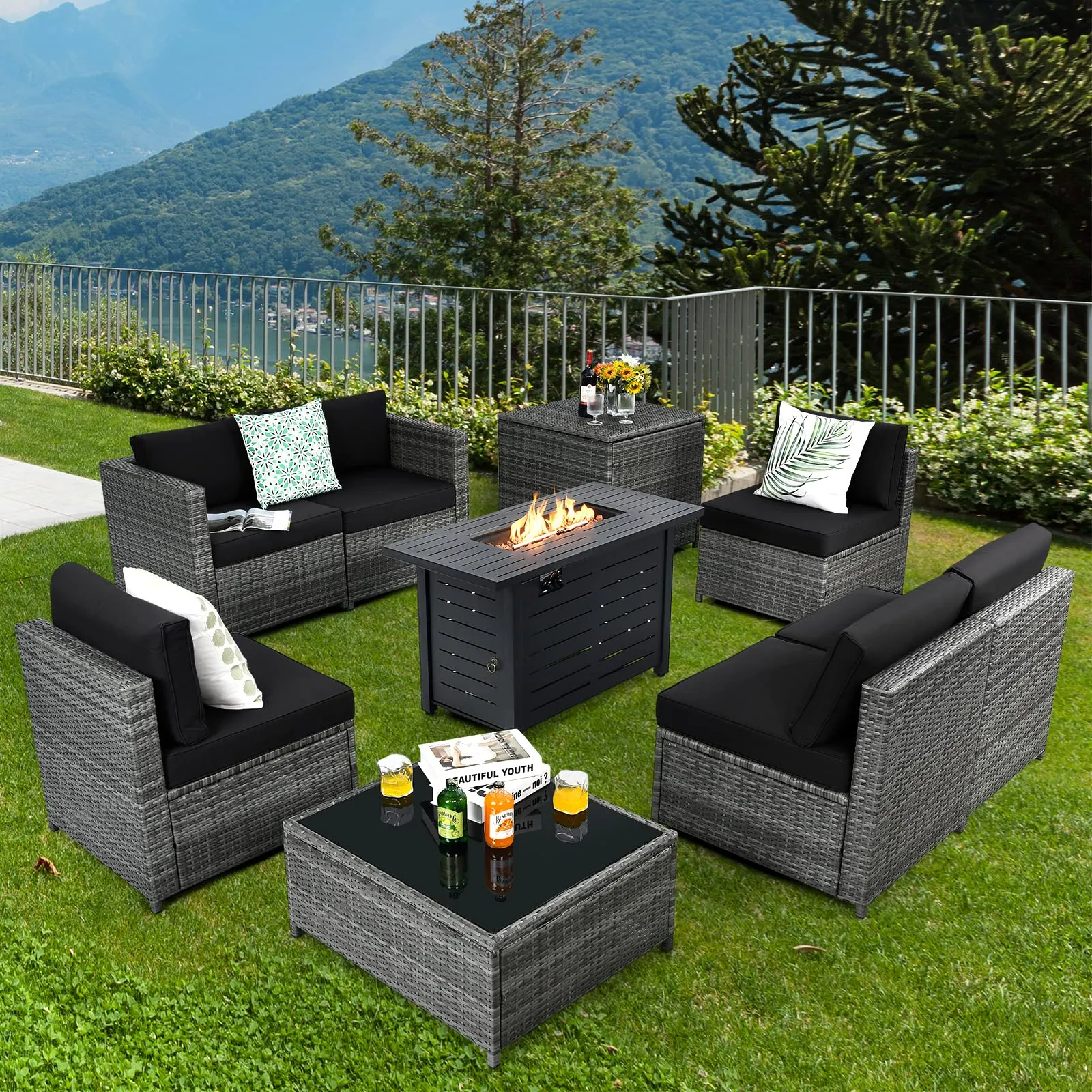 Tangkula 9 Pieces Patio Rattan Furniture Set, Patiojoy Sectional Sofa Set w/Storage Box, Coffee Table, Outdoor Wicker Conversation Set