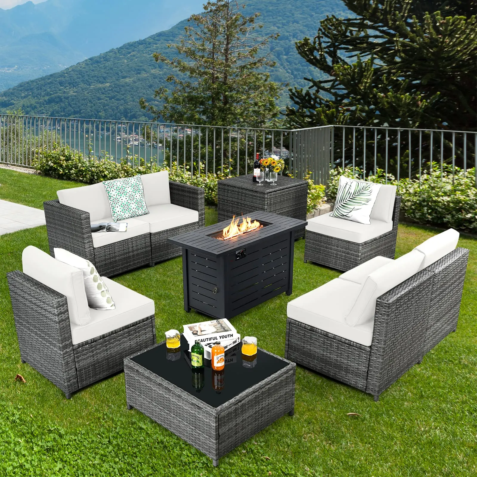 Tangkula 9 Pieces Patio Rattan Furniture Set, Patiojoy Sectional Sofa Set w/Storage Box, Coffee Table, Outdoor Wicker Conversation Set