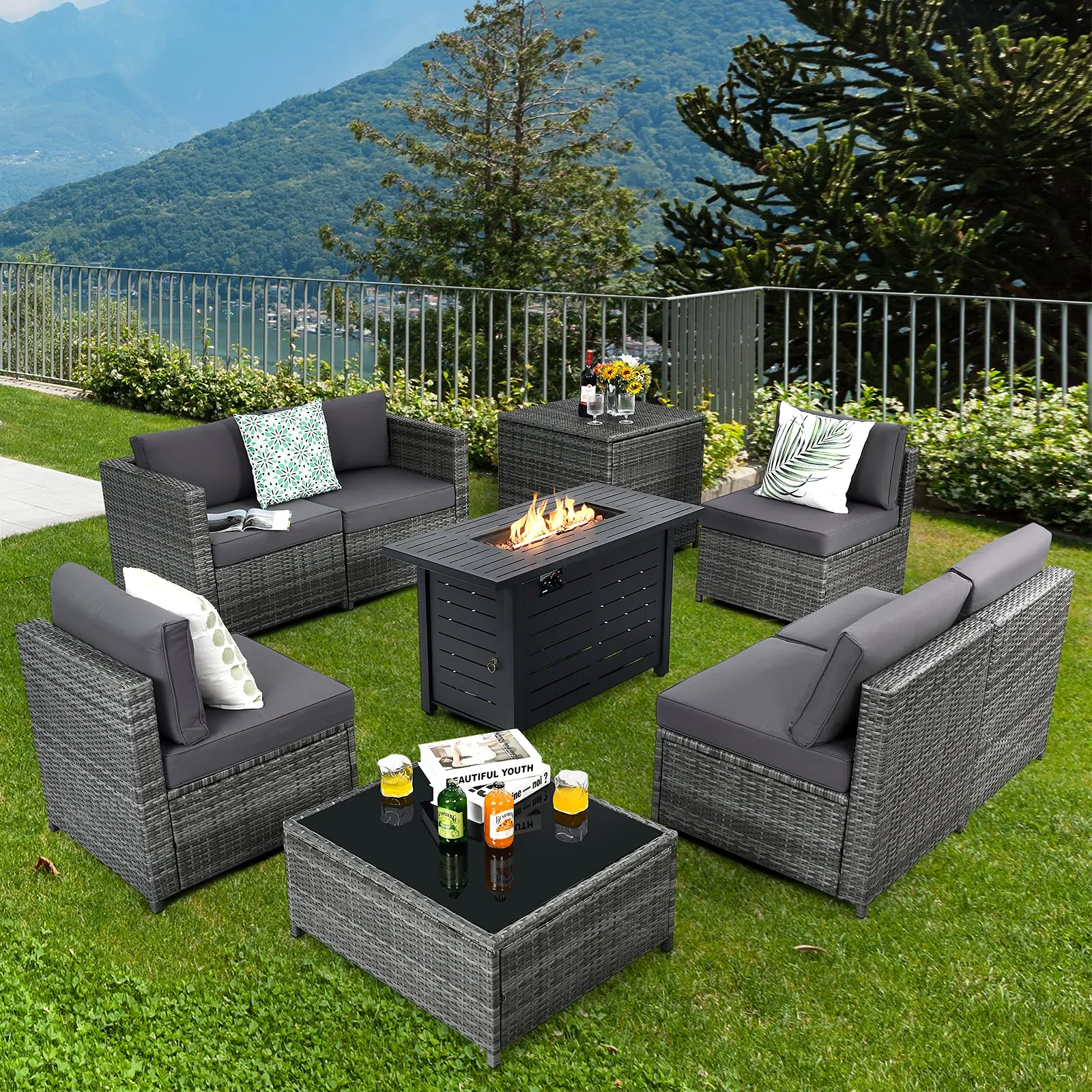 Tangkula 9 Pieces Patio Rattan Furniture Set, Patiojoy Sectional Sofa Set w/Storage Box, Coffee Table, Outdoor Wicker Conversation Set